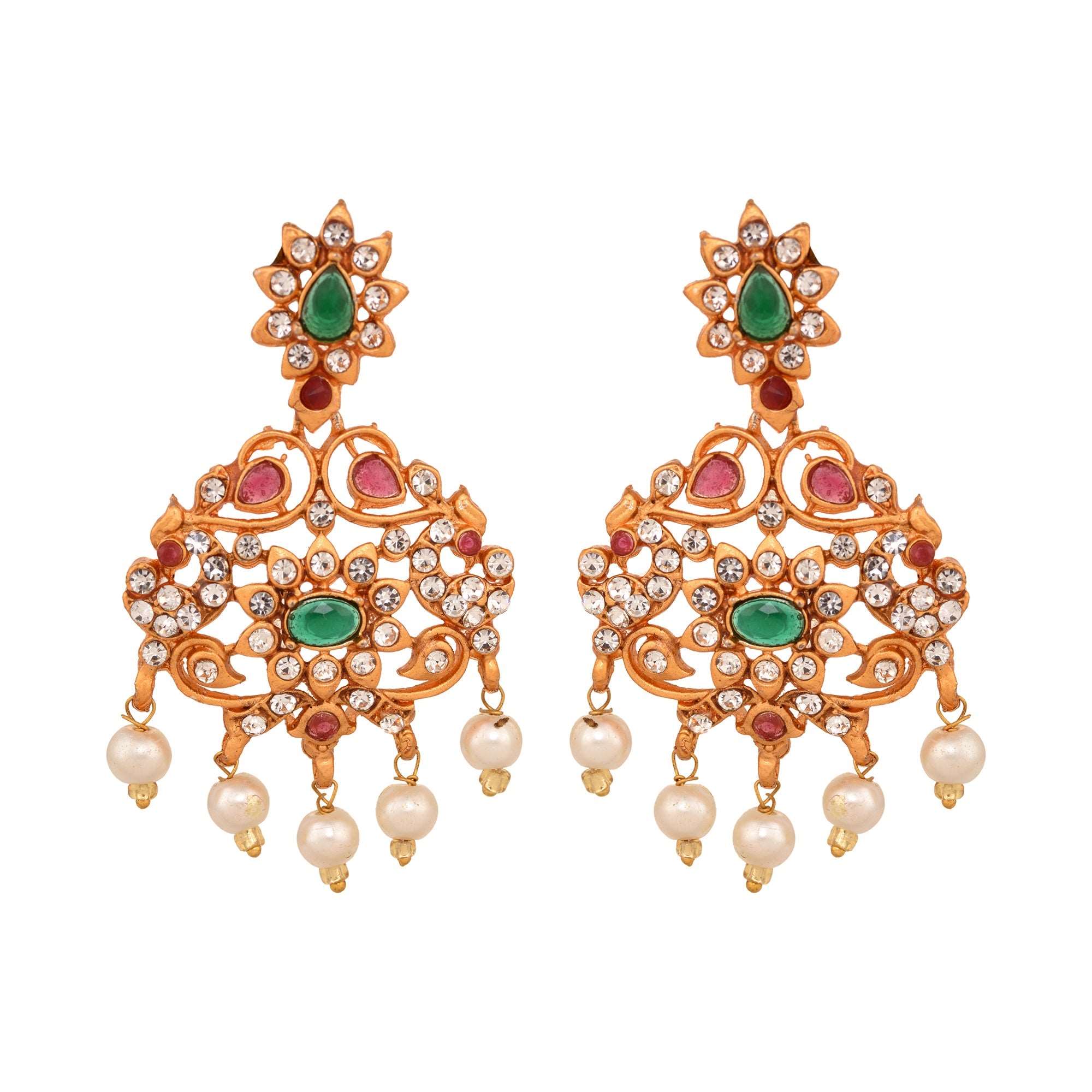 Gold Plated Green stone studded Pearl beaded Handcrafted Temple Jewellerey Set, zaveri pearls, sale price rs, sale price, sale gold plated, sale gold, sale, rubans, ring, regular price, priya