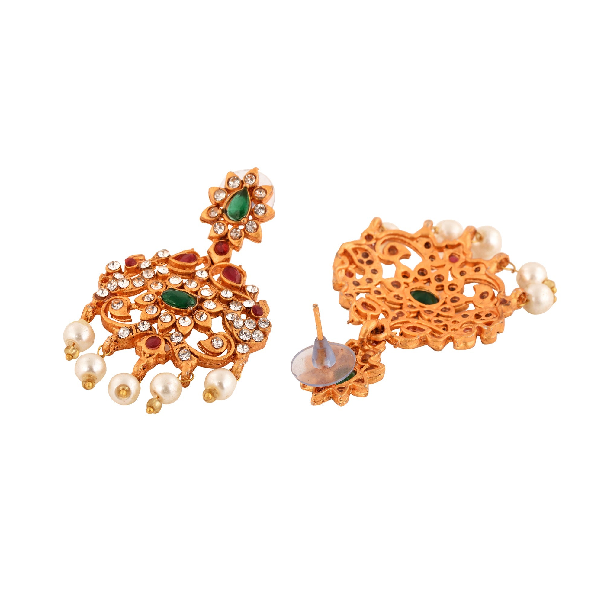 Gold Plated Green stone studded Pearl beaded Handcrafted Temple Jewellerey Set, zaveri pearls, sale price rs, sale price, sale gold plated, sale gold, sale, rubans, ring, regular price, priya