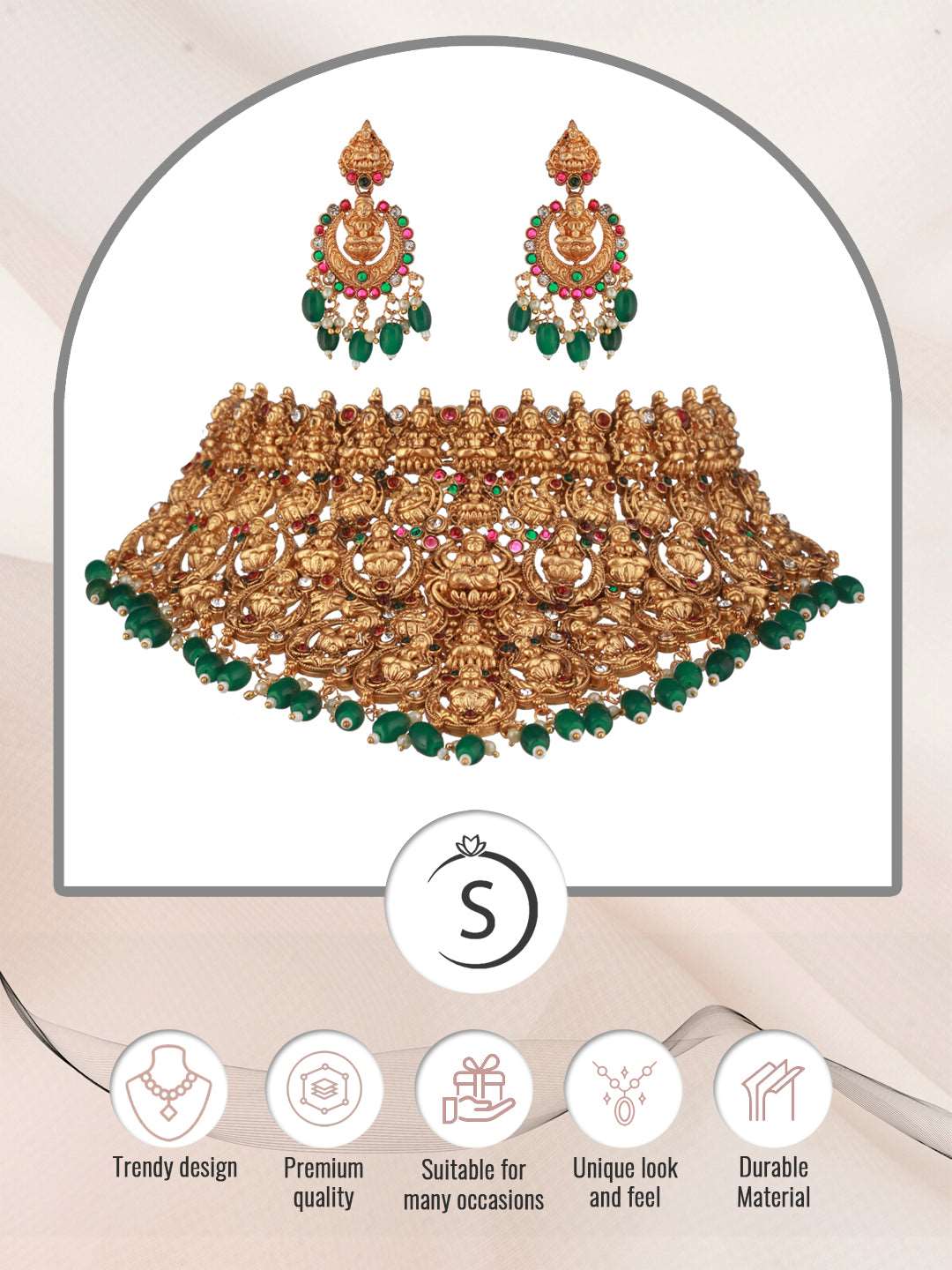Gold Plated Intricate Temple Design Dangling Green Beads Choker Jewellery Set, zaveri pearls, sale price rs, sale price, sale gold plated, sale gold, sale, rubans, ring, regular price, priyas