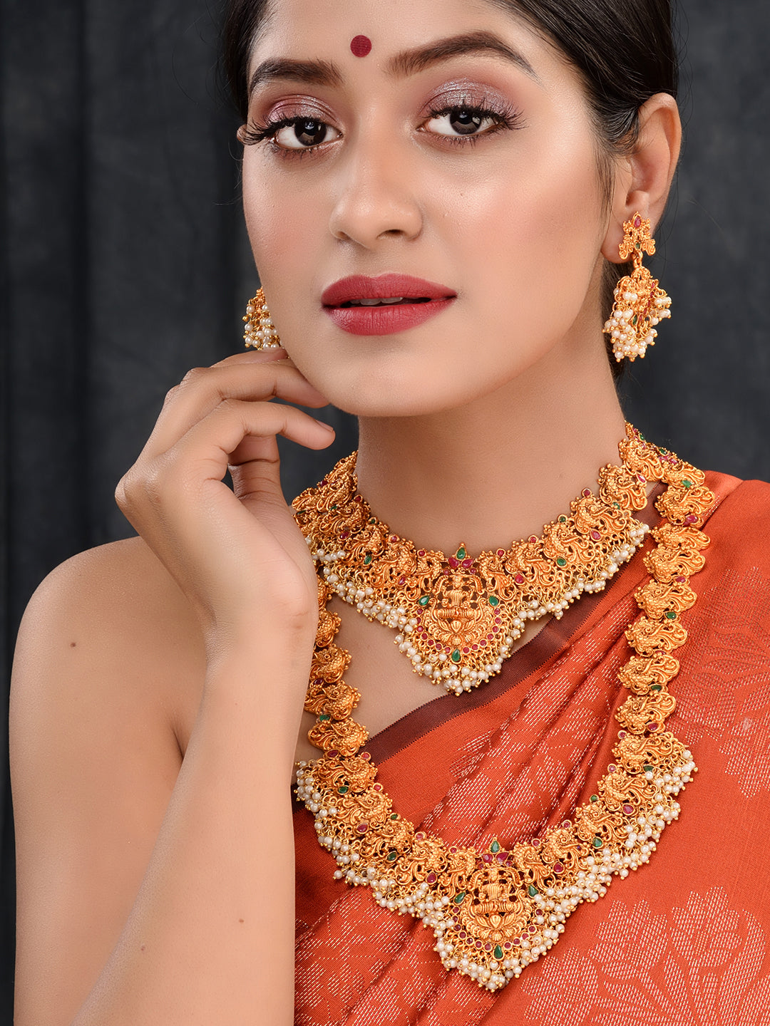 Gold Toned Gorgeous Saaddhvi Haram Combo Temple Jewellery Set, zaveri pearls, sale price rs, sale price, sale gold plated, sale gold, sale, rubans, ring, regular price, priyassi jewellery, ku