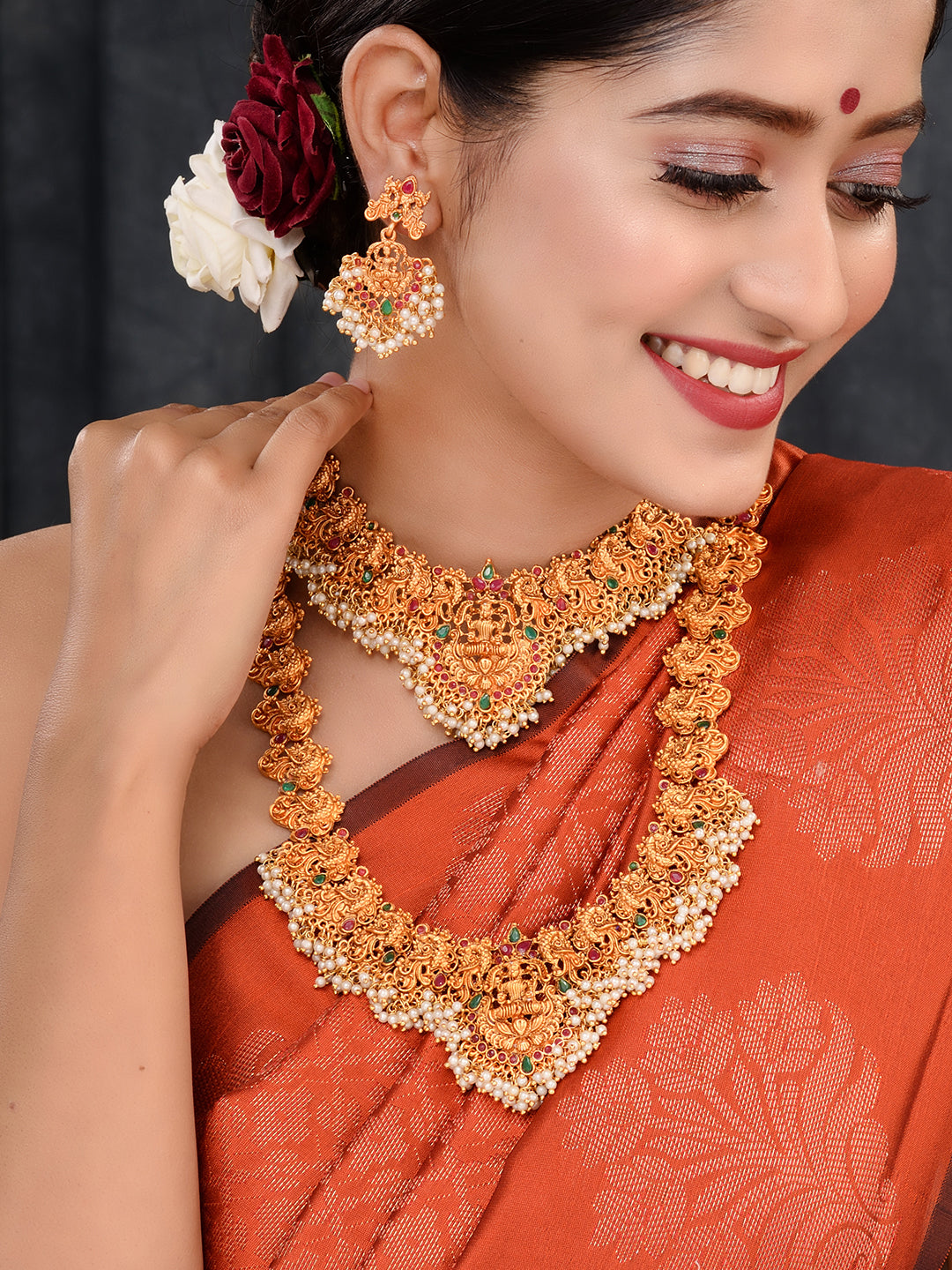 Gold Toned Gorgeous Saaddhvi Haram Combo Temple Jewellery Set, zaveri pearls, sale price rs, sale price, sale gold plated, sale gold, sale, rubans, ring, regular price, priyassi jewellery, ku