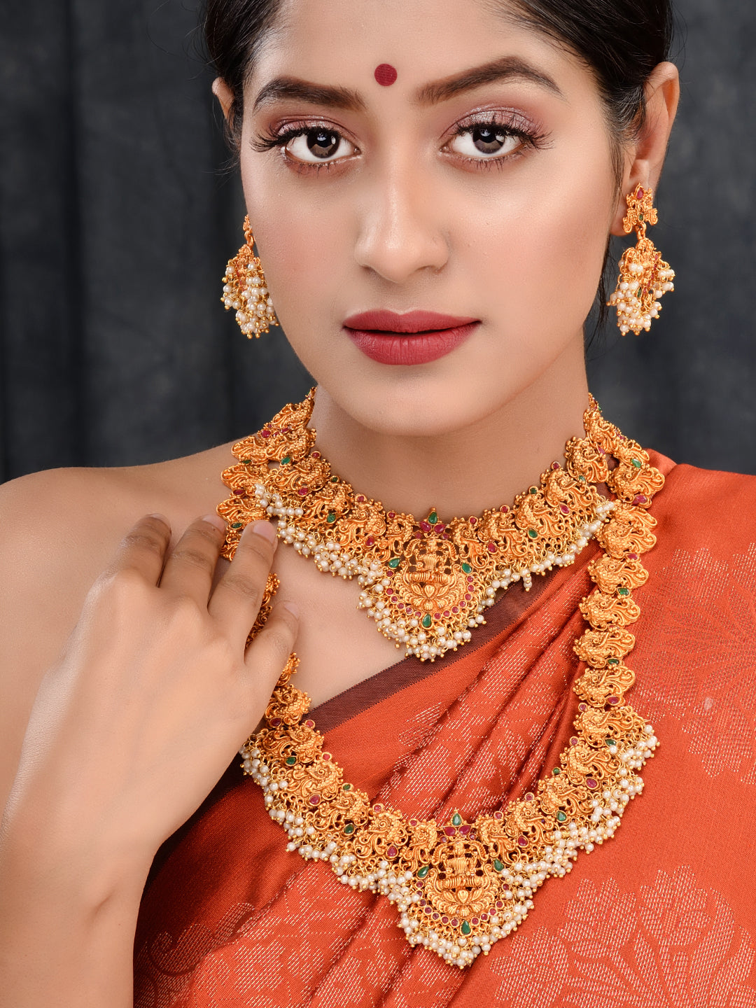 Gold Toned Gorgeous Saaddhvi Haram Combo Temple Jewellery Set, zaveri pearls, sale price rs, sale price, sale gold plated, sale gold, sale, rubans, ring, regular price, priyassi jewellery, ku