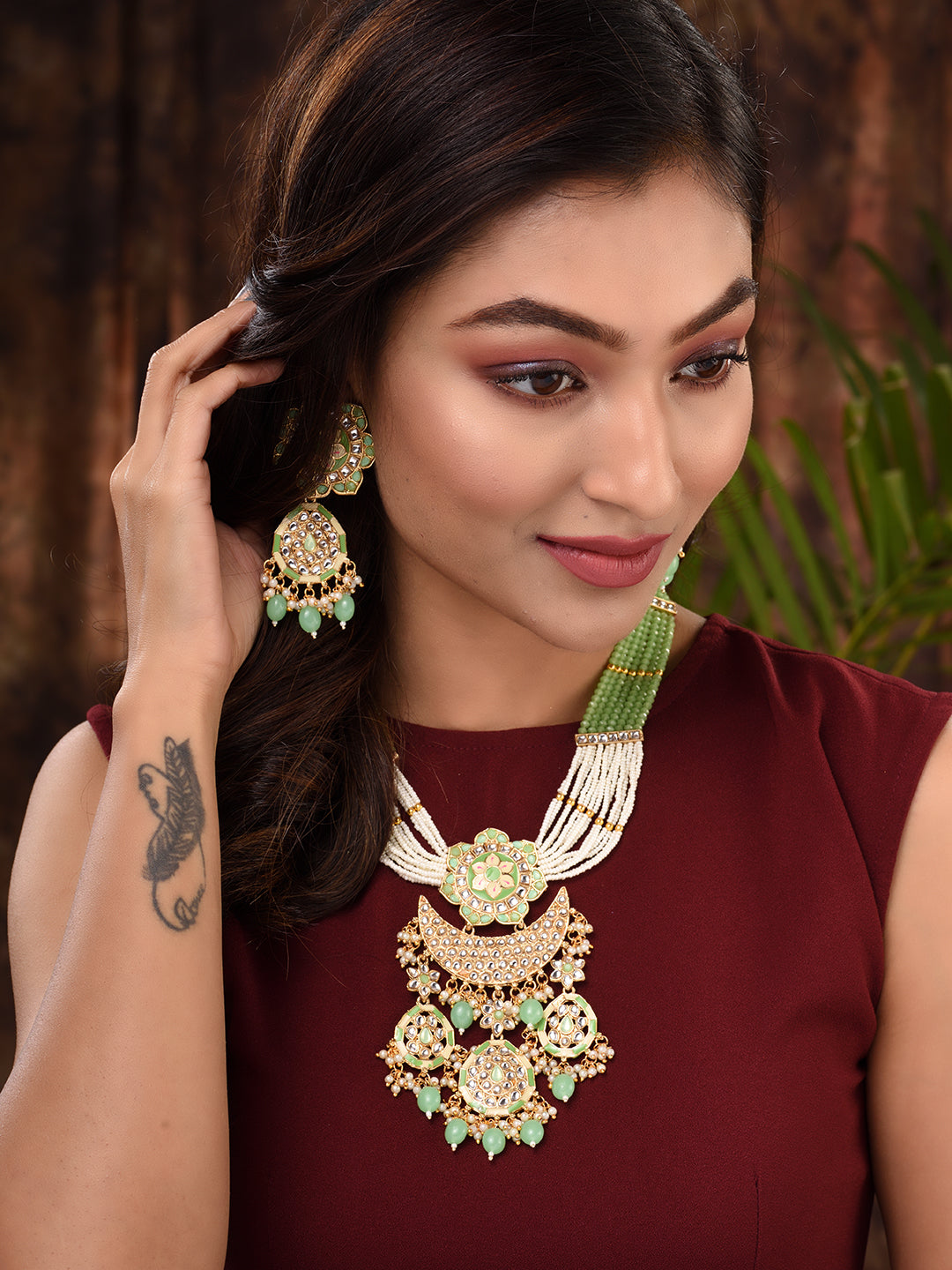 GoldPlated Mint AD & Kundan Stone Studded Necklace Jewellery Set, zaveri pearls, sale price rs, sale price, sale gold plated, sale gold, sale, rubans, ring, regular price, priyassi jewellery,