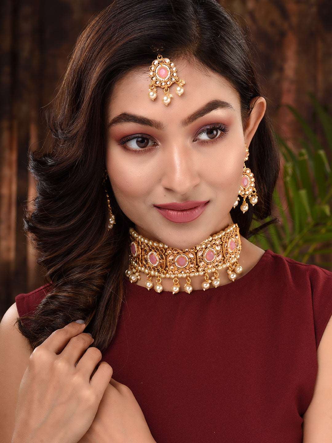 Gold Plated Pink AD studded Kundan Choker Jewellery Set, zaveri pearls, sale price rs, sale price, sale gold plated, sale gold, sale, rubans, ring, regular price, priyassi jewellery, kushal's