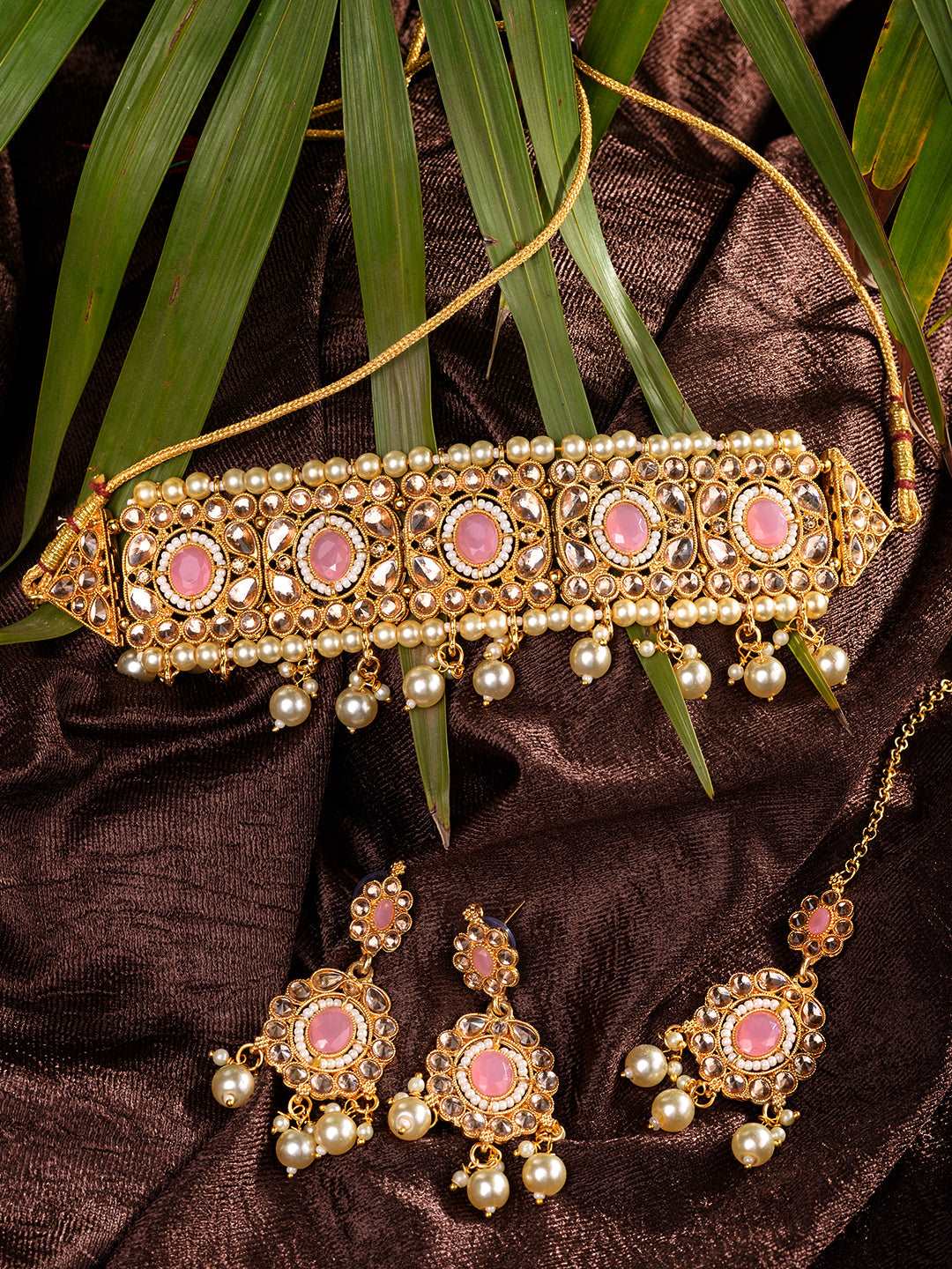 Gold Plated Pink AD studded Kundan Choker Jewellery Set, zaveri pearls, sale price rs, sale price, sale gold plated, sale gold, sale, rubans, ring, regular price, priyassi jewellery, kushal's