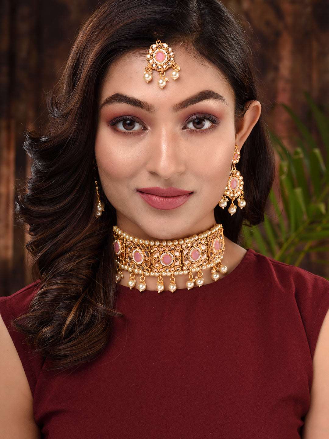 Gold Plated Pink AD studded Kundan Choker Jewellery Set, zaveri pearls, sale price rs, sale price, sale gold plated, sale gold, sale, rubans, ring, regular price, priyassi jewellery, kushal's