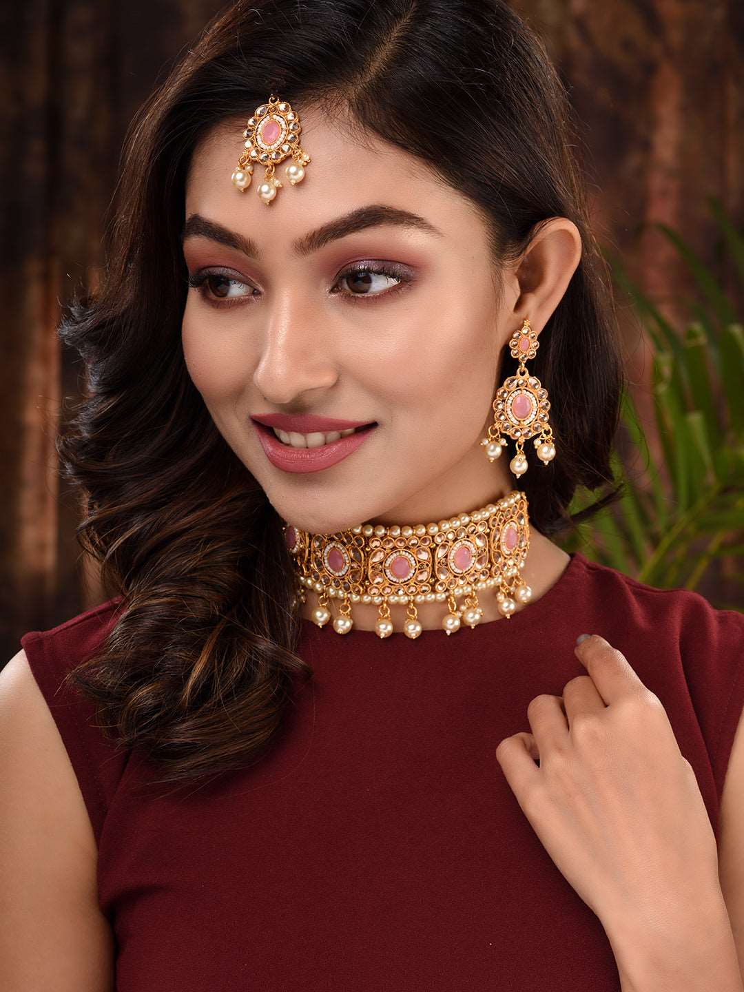 Gold Plated Pink AD studded Kundan Choker Jewellery Set, zaveri pearls, sale price rs, sale price, sale gold plated, sale gold, sale, rubans, ring, regular price, priyassi jewellery, kushal's
