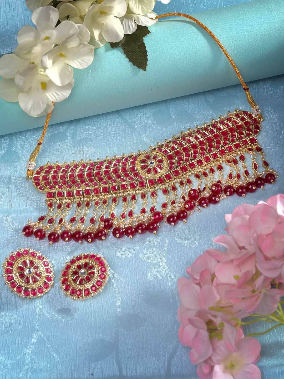 Gold Plated Red stone studded Pearl beaded Choker Jewellery set, zaveri pearls, sale price rs, sale price, sale gold plated, sale gold, sale, rubans, ring, regular price, priyassi jewellery, 