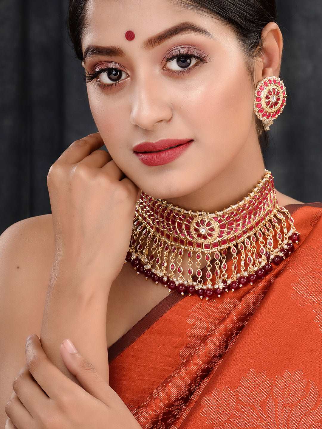 Gold Plated Red stone studded Pearl beaded Choker Jewellery set, zaveri pearls, sale price rs, sale price, sale gold plated, sale gold, sale, rubans, ring, regular price, priyassi jewellery, 