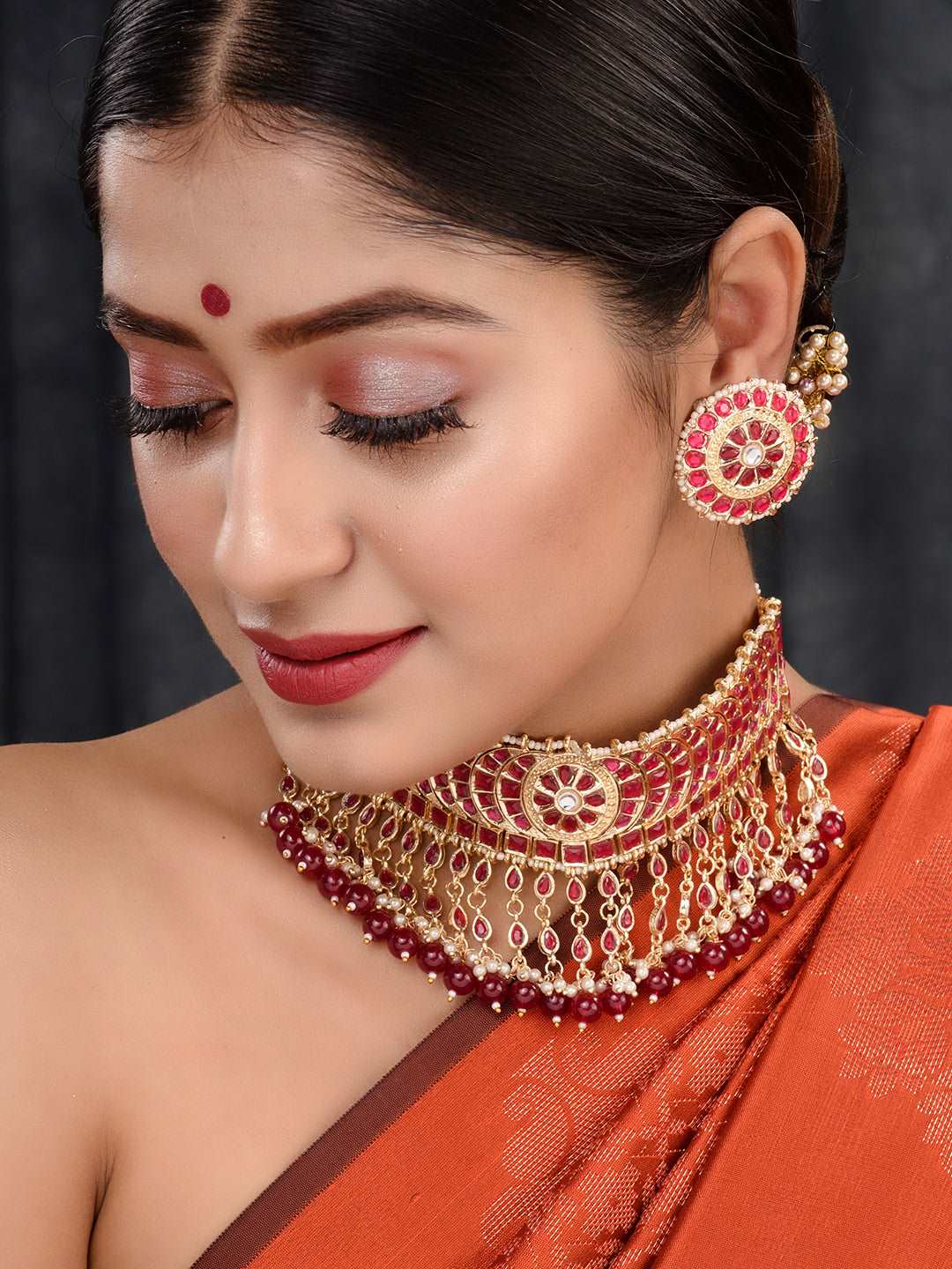 Gold Plated Red stone studded Pearl beaded Choker Jewellery set, zaveri pearls, sale price rs, sale price, sale gold plated, sale gold, sale, rubans, ring, regular price, priyassi jewellery, 