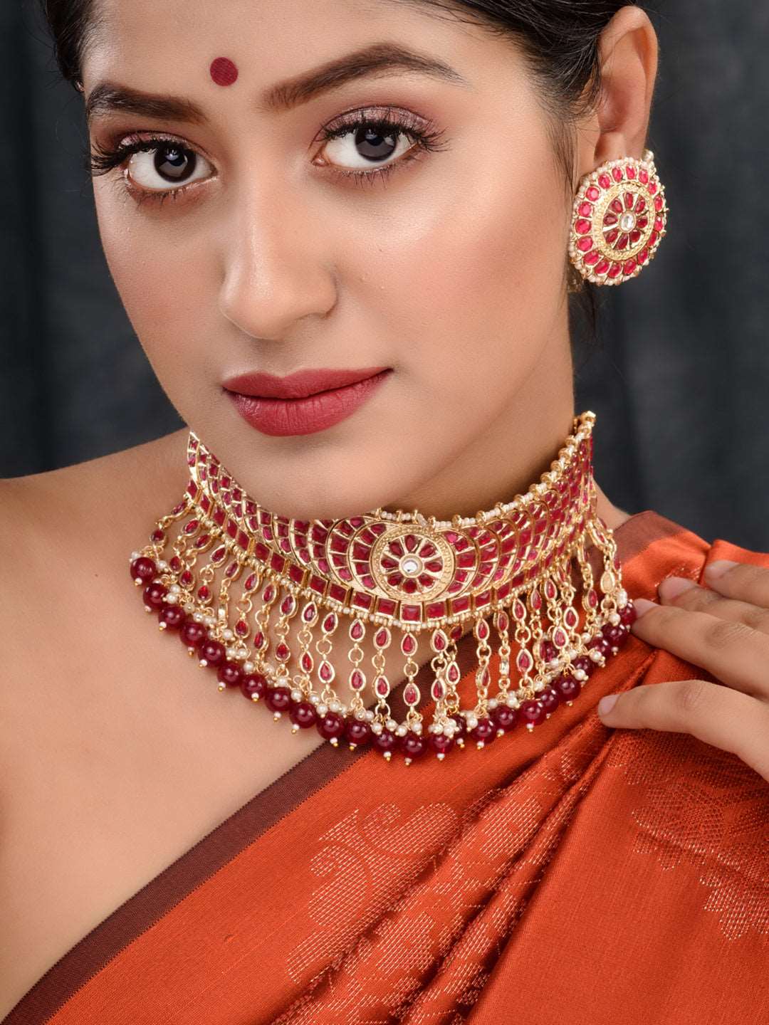 Gold Plated Red stone studded Pearl beaded Choker Jewellery set, zaveri pearls, sale price rs, sale price, sale gold plated, sale gold, sale, rubans, ring, regular price, priyassi jewellery, 