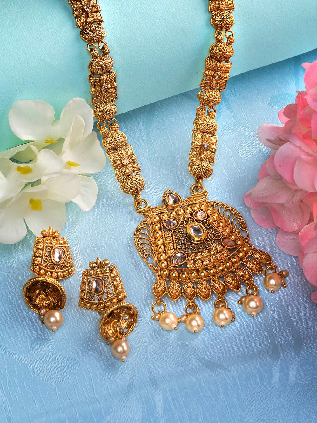 Gold Plated Kundan Studded Pearl Beaded Long Necklace Jewellery Set, zaveri pearls, sale price rs, sale price, sale gold plated, sale gold, sale, rubans, ring, regular price, priyassi jewelle