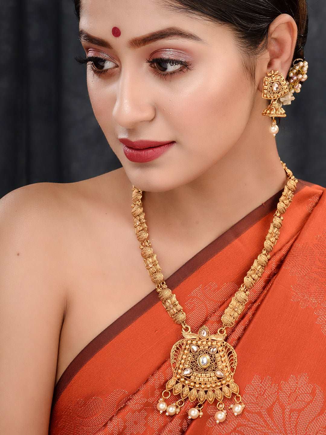 Gold Plated Kundan Studded Pearl Beaded Long Necklace Jewellery Set, zaveri pearls, sale price rs, sale price, sale gold plated, sale gold, sale, rubans, ring, regular price, priyassi jewelle