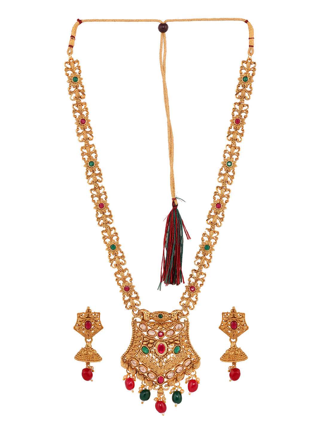 Gold Plated Red & Green stone studded floral long Temple Necklace Jewellerey Set, zaveri pearls, sale price rs, sale price, sale gold plated, sale gold, sale, rubans, ring, regular price, pri