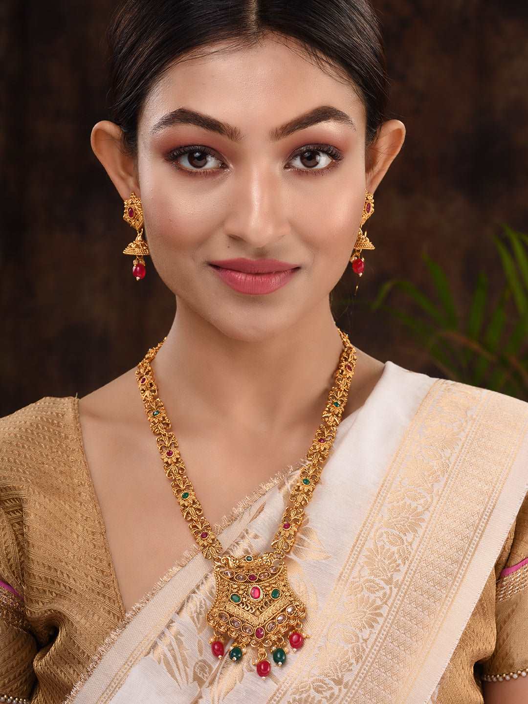 Gold Plated Red & Green stone studded floral long Temple Necklace Jewellerey Set, zaveri pearls, sale price rs, sale price, sale gold plated, sale gold, sale, rubans, ring, regular price, pri