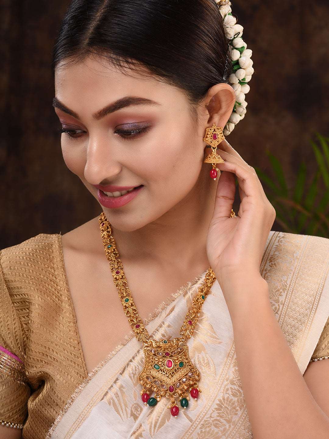 Gold Plated Red & Green stone studded floral long Temple Necklace Jewellerey Set, zaveri pearls, sale price rs, sale price, sale gold plated, sale gold, sale, rubans, ring, regular price, pri