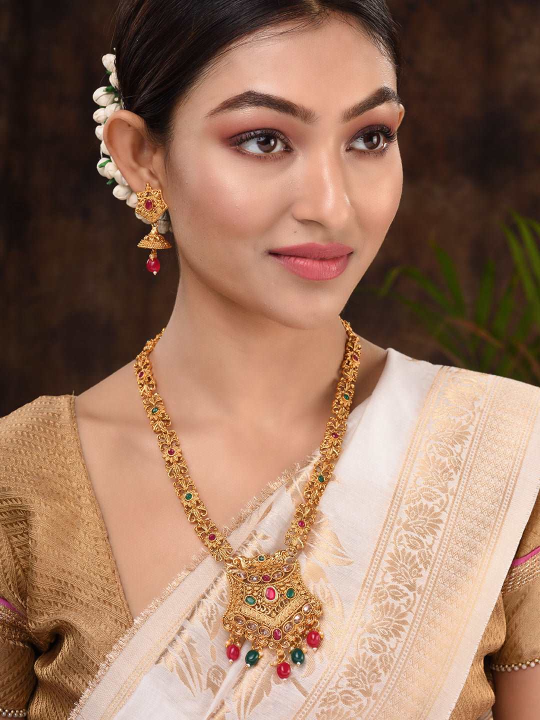 Gold Plated Red & Green stone studded floral long Temple Necklace Jewellerey Set, zaveri pearls, sale price rs, sale price, sale gold plated, sale gold, sale, rubans, ring, regular price, pri