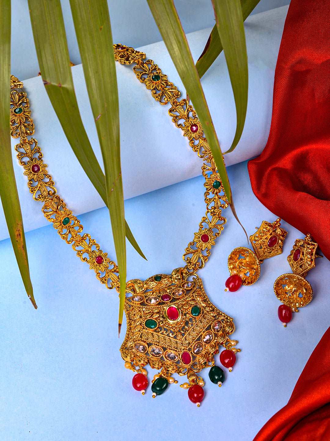 Gold Plated Red & Green stone studded floral long Temple Necklace Jewellerey Set, zaveri pearls, sale price rs, sale price, sale gold plated, sale gold, sale, rubans, ring, regular price, pri