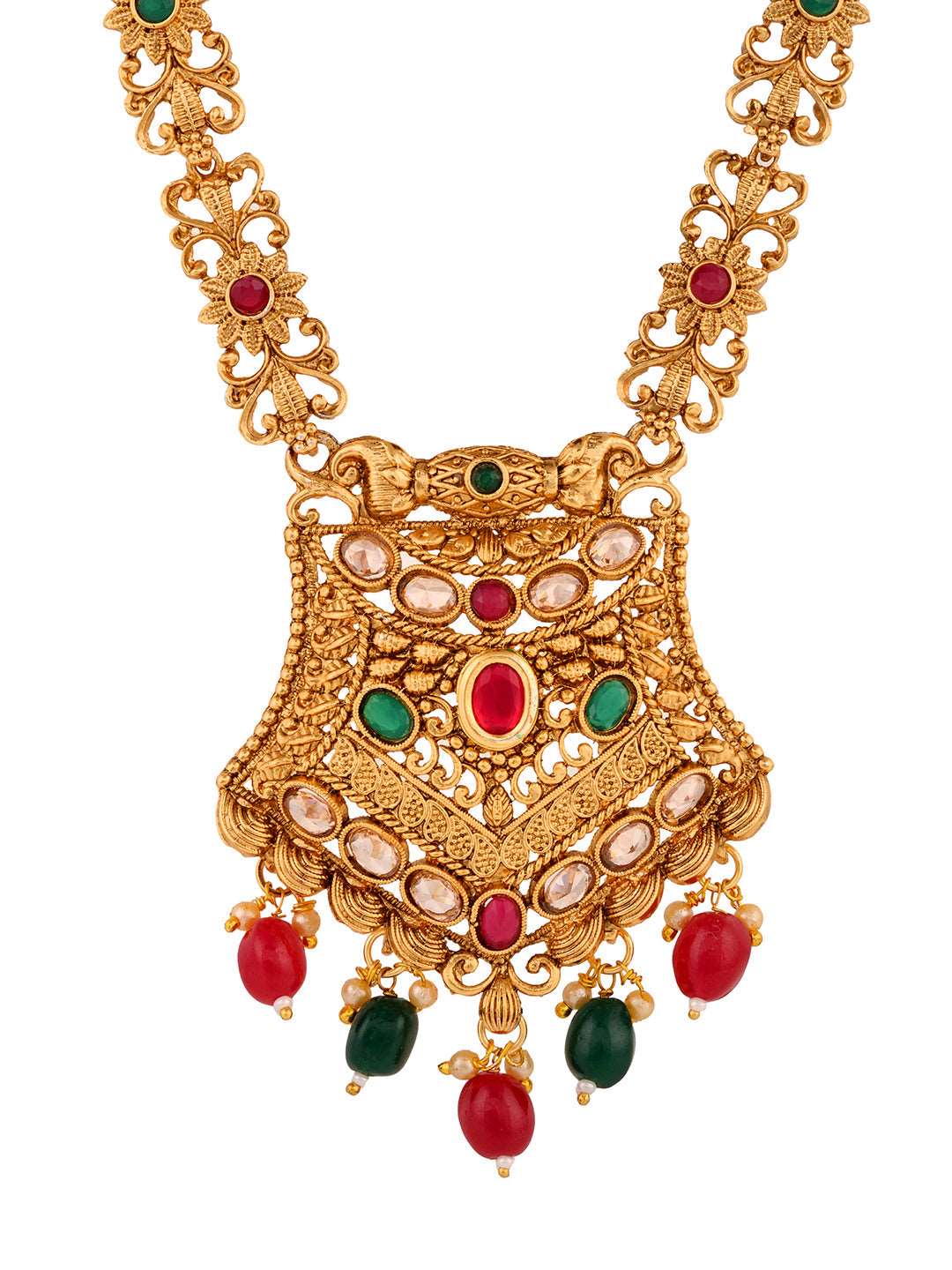 Gold Plated Red & Green stone studded floral long Temple Necklace Jewellerey Set, zaveri pearls, sale price rs, sale price, sale gold plated, sale gold, sale, rubans, ring, regular price, pri