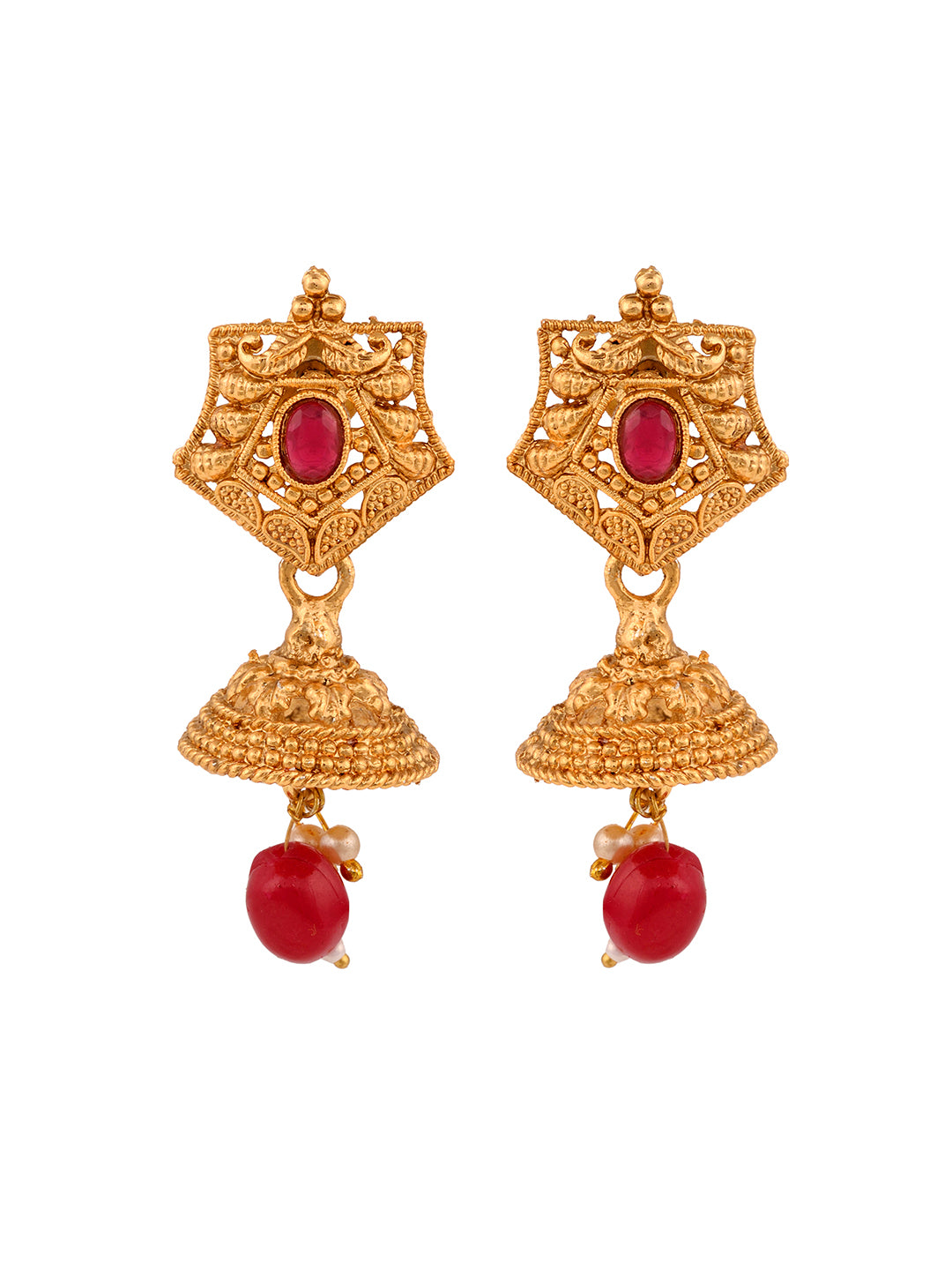 Gold Plated Red & Green stone studded floral long Temple Necklace Jewellerey Set, zaveri pearls, sale price rs, sale price, sale gold plated, sale gold, sale, rubans, ring, regular price, pri