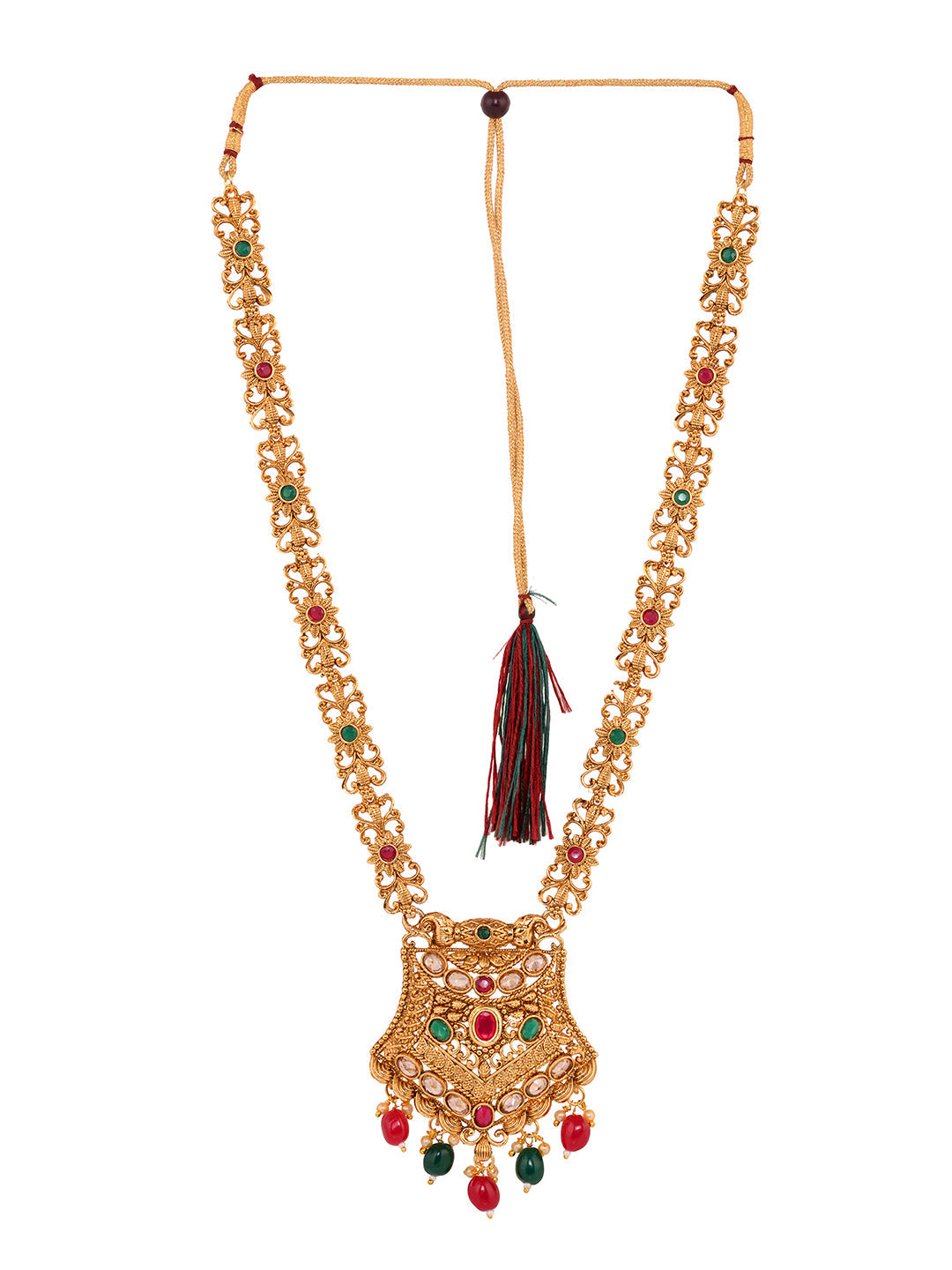 Gold Plated Red & Green stone studded floral long Temple Necklace Jewellerey Set, zaveri pearls, sale price rs, sale price, sale gold plated, sale gold, sale, rubans, ring, regular price, pri