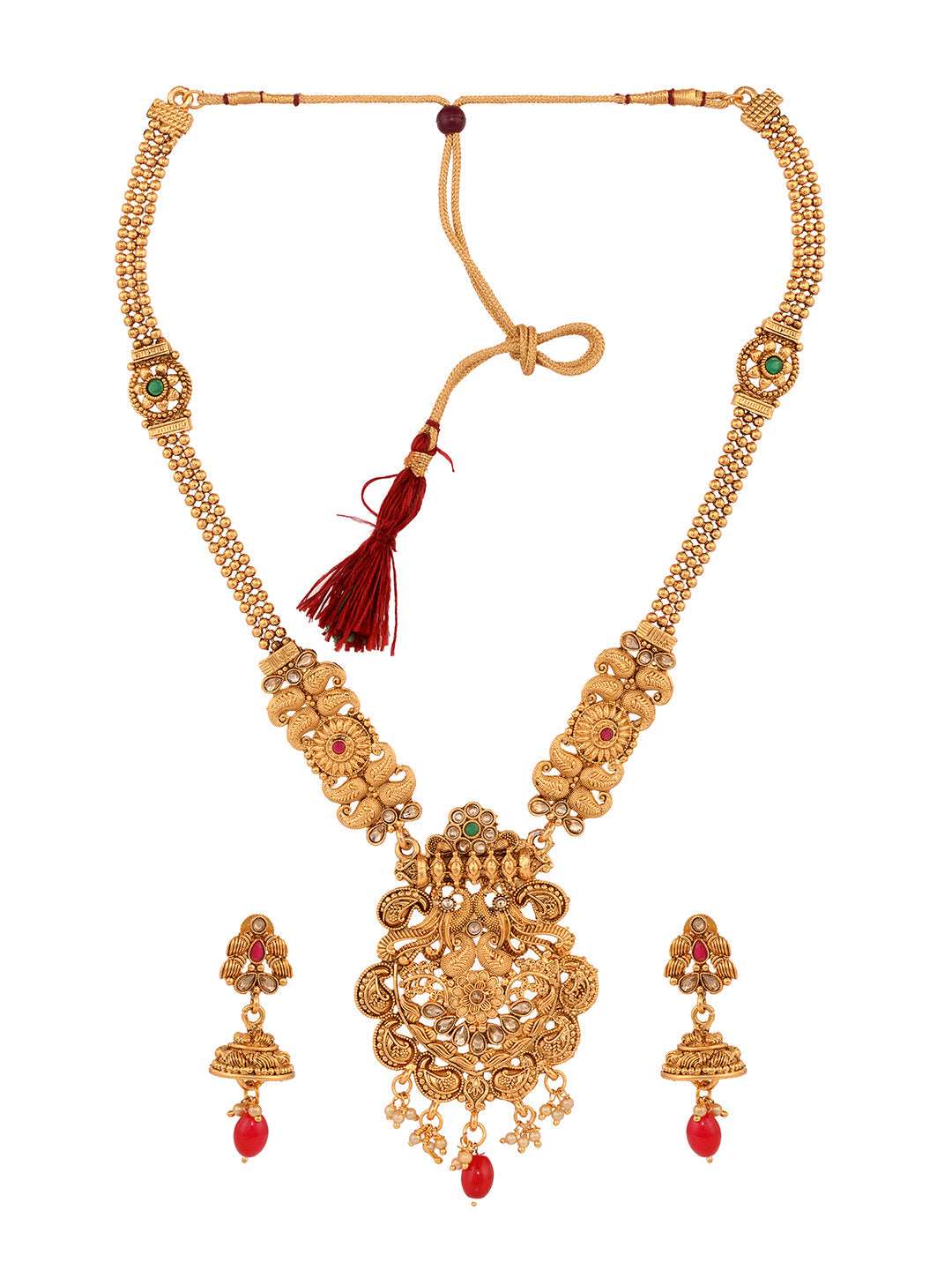 Gold Plated Red & Green stone studded Peacock Temple Design long Necklace Jewellerey Set, zaveri pearls, sale price rs, sale price, sale gold plated, sale gold, sale, rubans, ring, regular pr