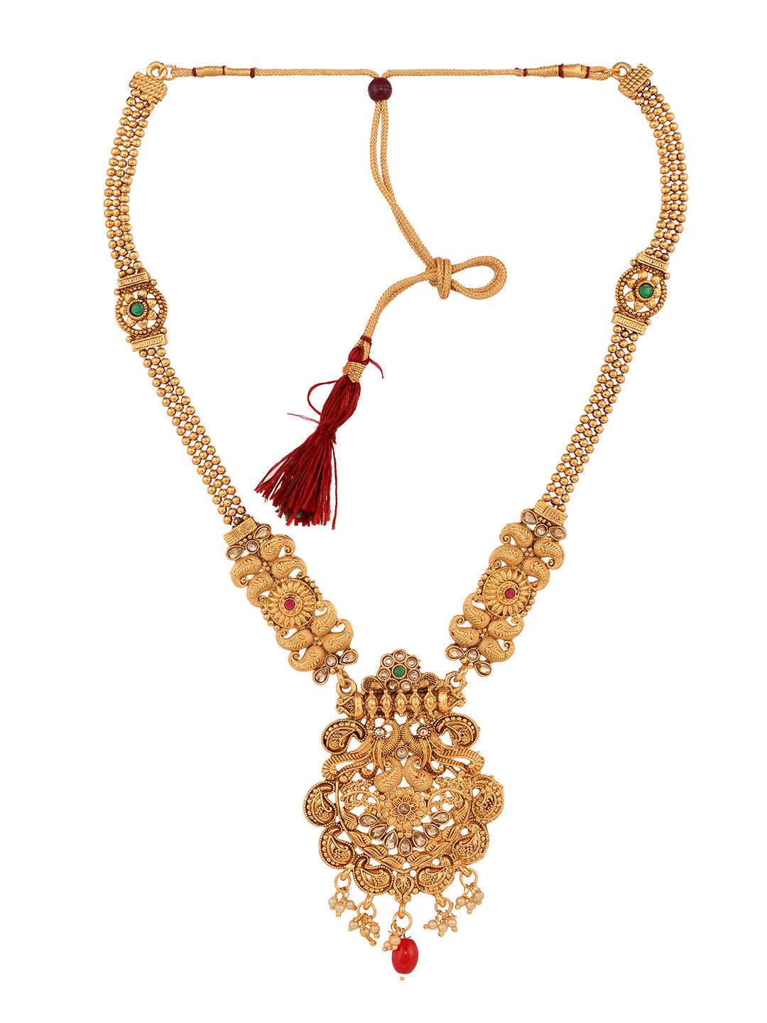 Gold Plated Red & Green stone studded Peacock Temple Design long Necklace Jewellerey Set, zaveri pearls, sale price rs, sale price, sale gold plated, sale gold, sale, rubans, ring, regular pr