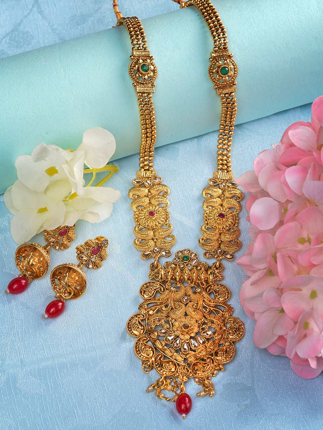 Gold Plated Red & Green stone studded Peacock Temple Design long Necklace Jewellerey Set, zaveri pearls, sale price rs, sale price, sale gold plated, sale gold, sale, rubans, ring, regular pr