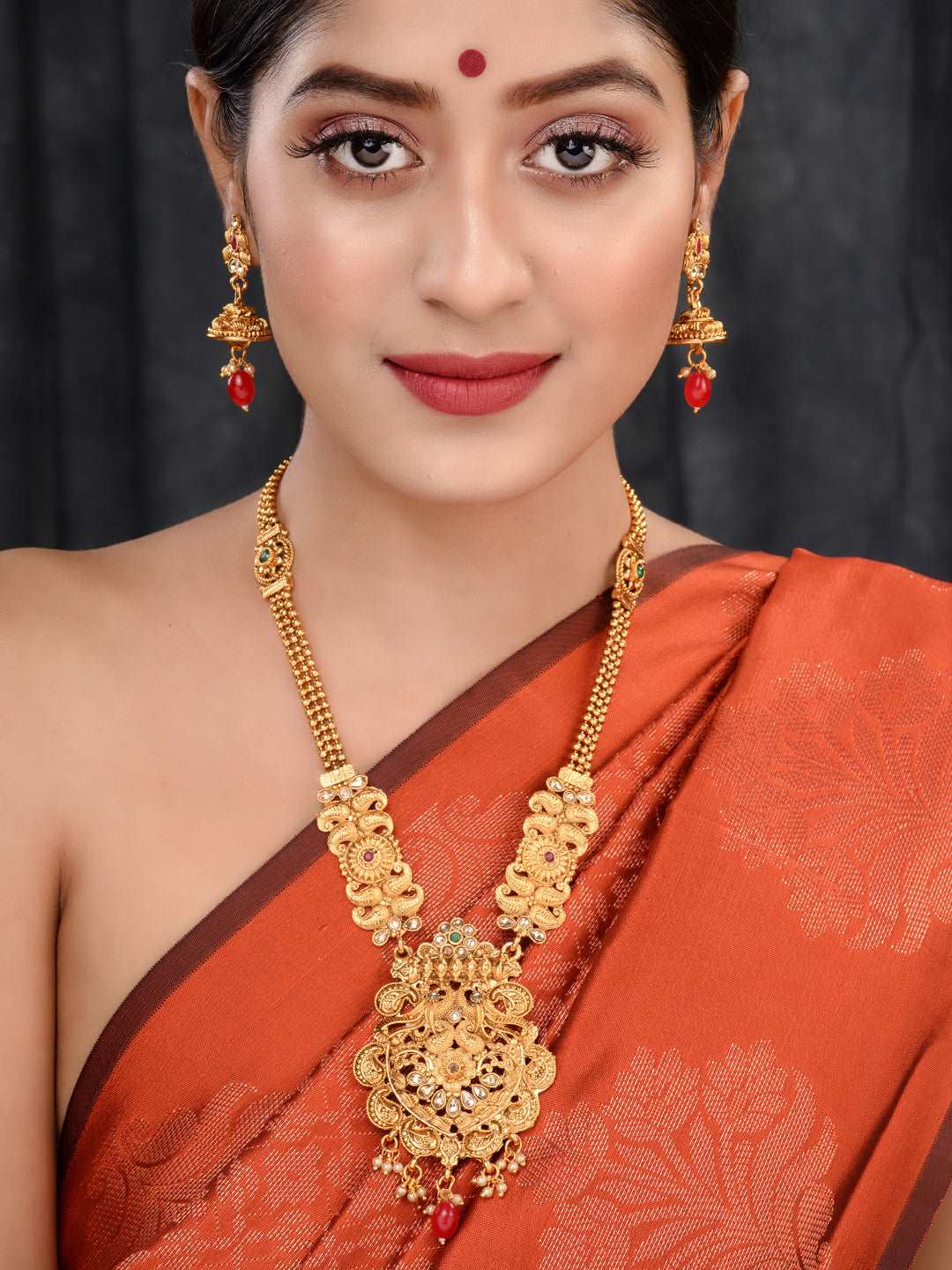 Gold Plated Red & Green stone studded Peacock Temple Design long Necklace Jewellerey Set, zaveri pearls, sale price rs, sale price, sale gold plated, sale gold, sale, rubans, ring, regular pr