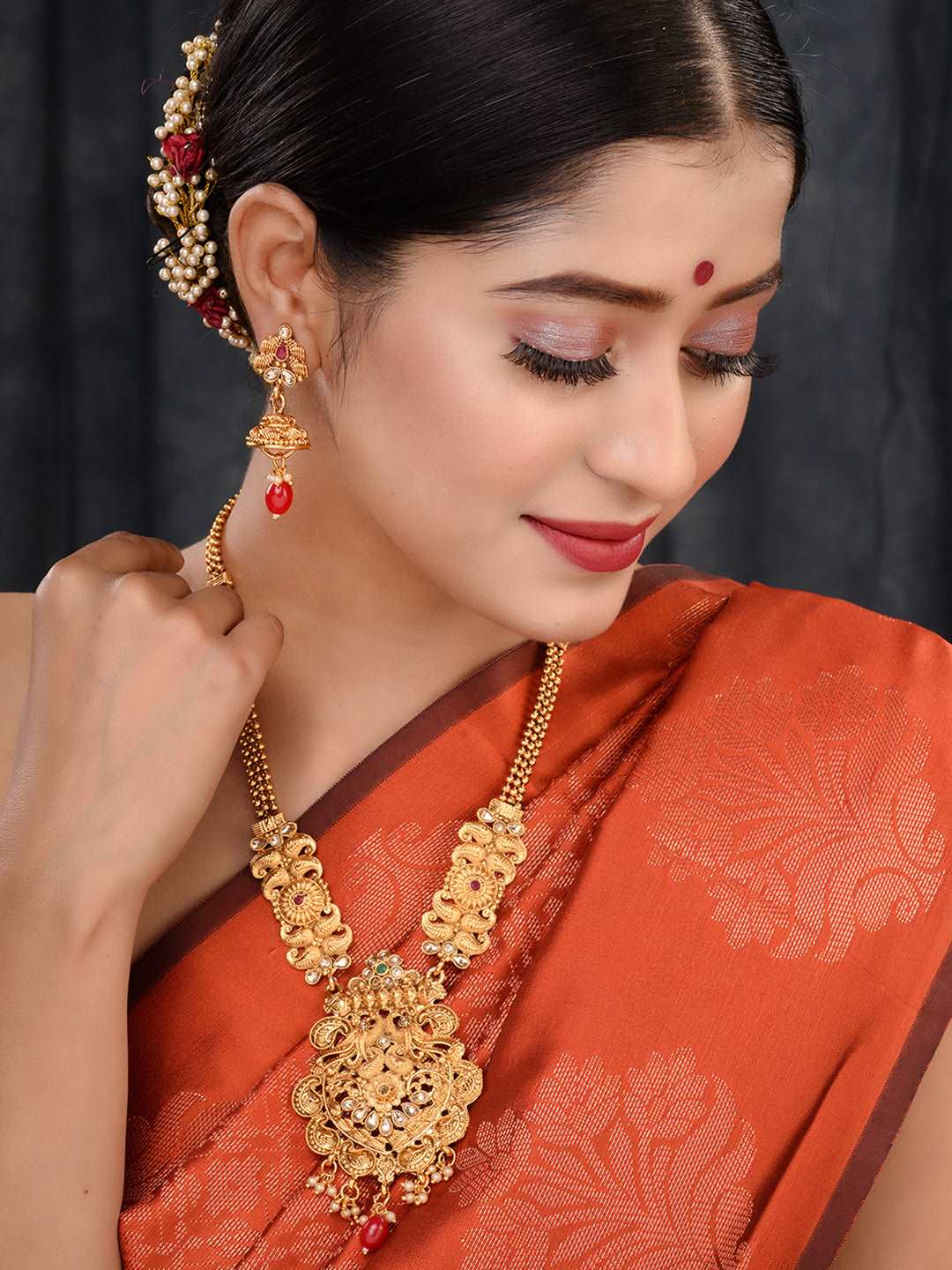 Gold Plated Red & Green stone studded Peacock Temple Design long Necklace Jewellerey Set, zaveri pearls, sale price rs, sale price, sale gold plated, sale gold, sale, rubans, ring, regular pr