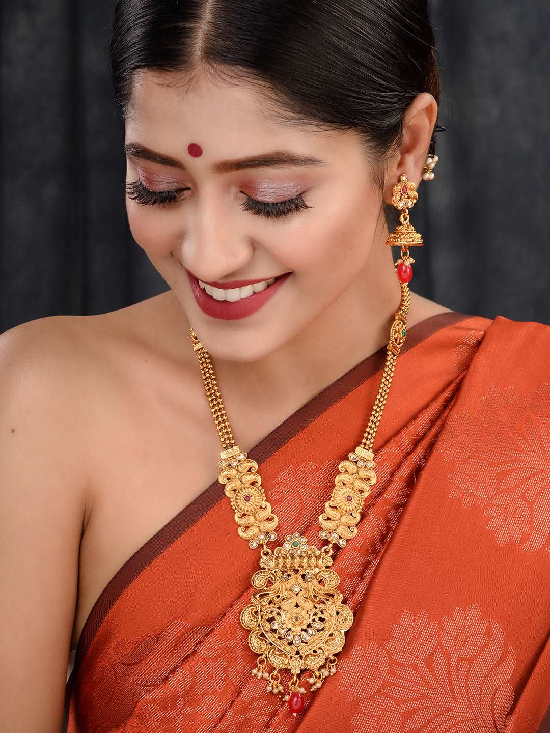 Gold Plated Red & Green stone studded Peacock Temple Design long Necklace Jewellerey Set, zaveri pearls, sale price rs, sale price, sale gold plated, sale gold, sale, rubans, ring, regular pr