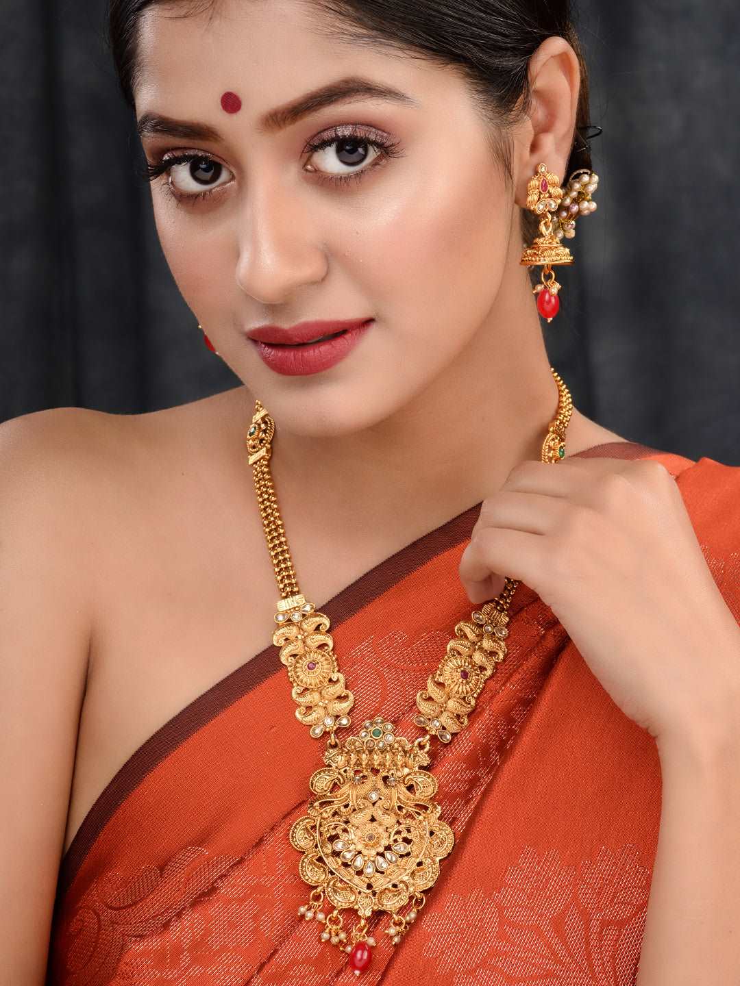 Gold Plated Red & Green stone studded Peacock Temple Design long Necklace Jewellerey Set, zaveri pearls, sale price rs, sale price, sale gold plated, sale gold, sale, rubans, ring, regular pr