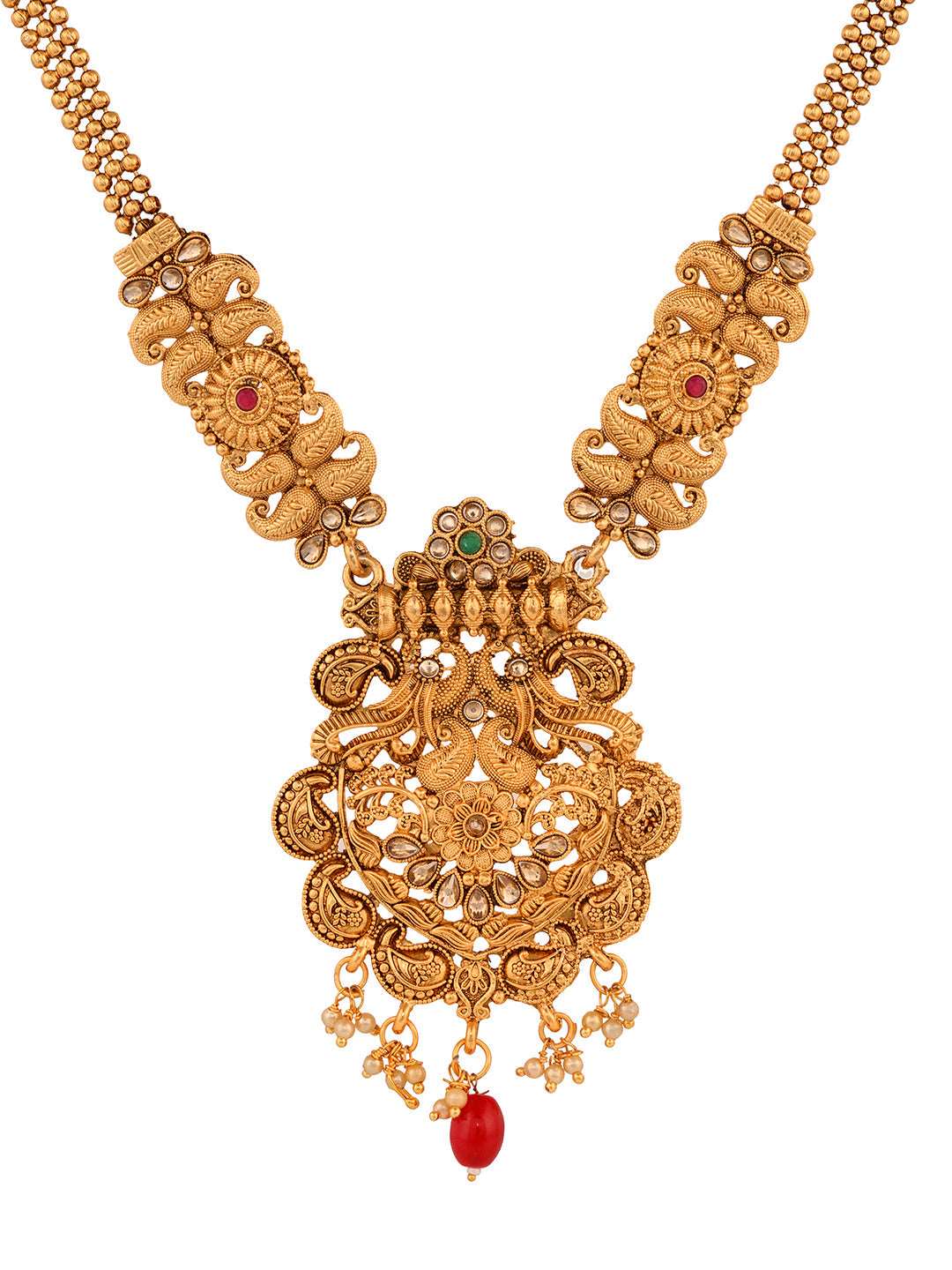 Gold Plated Red & Green stone studded Peacock Temple Design long Necklace Jewellerey Set, zaveri pearls, sale price rs, sale price, sale gold plated, sale gold, sale, rubans, ring, regular pr