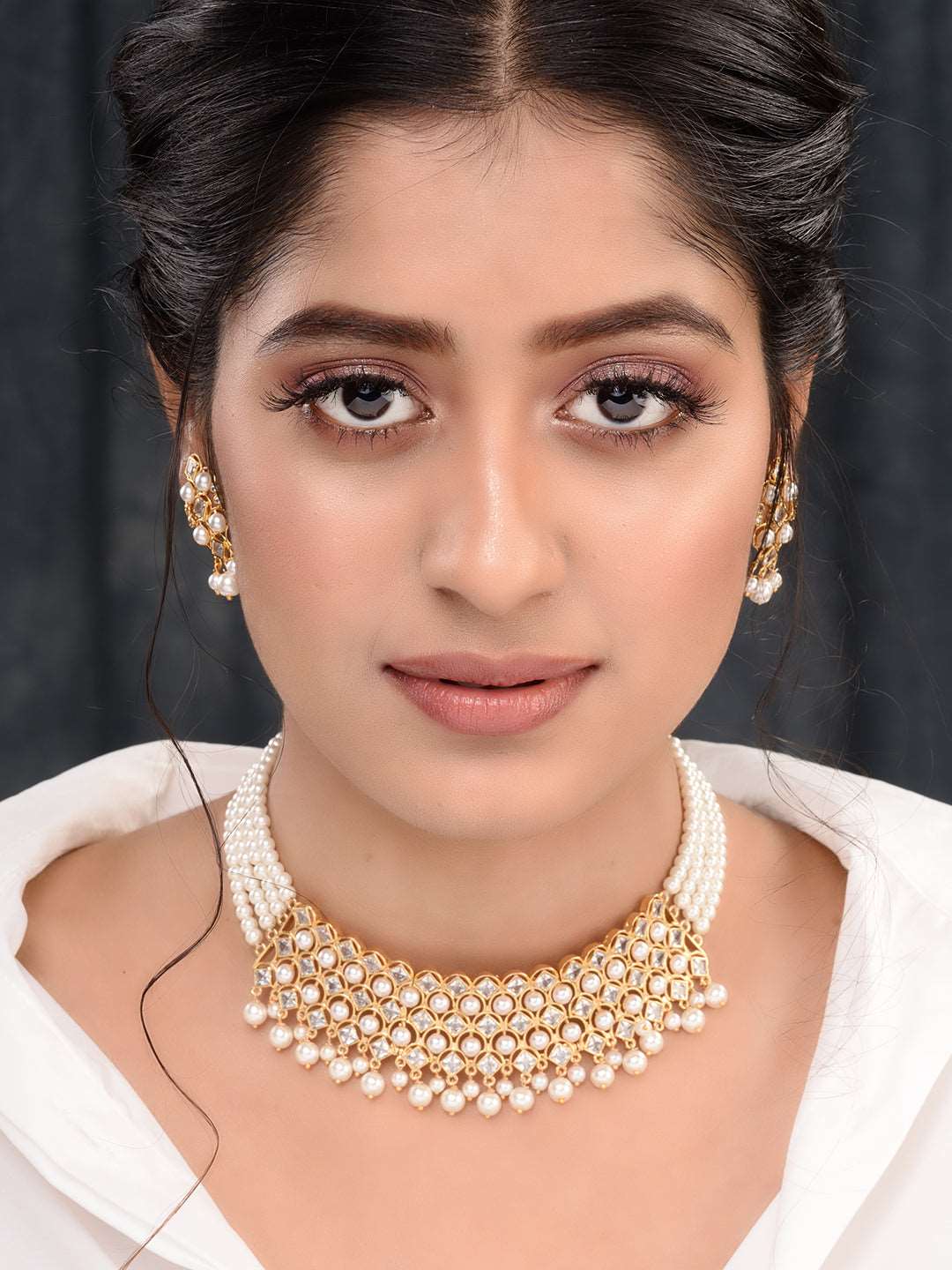 Gold Plated Polki AD Studded Pearl Beaded Intricate Choker Jewellery Set, zaveri pearls, sale price rs, sale price, sale gold plated, sale gold, sale, rubans, ring, regular price, priyassi je