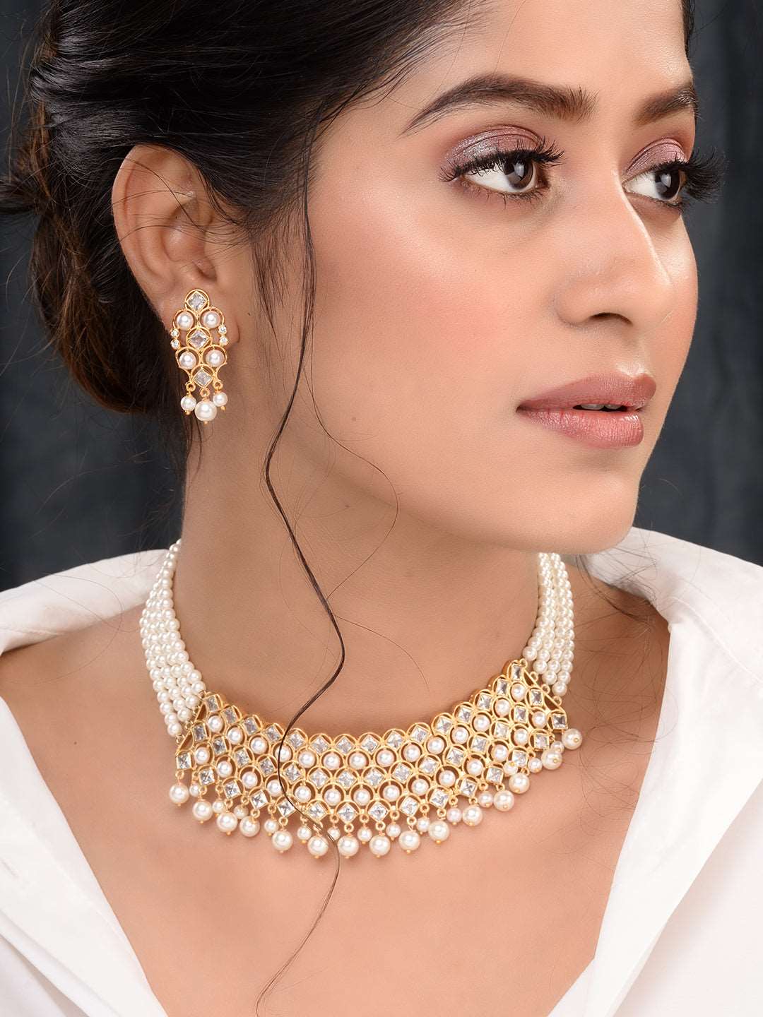 Gold Plated Polki AD Studded Pearl Beaded Intricate Choker Jewellery Set, zaveri pearls, sale price rs, sale price, sale gold plated, sale gold, sale, rubans, ring, regular price, priyassi je