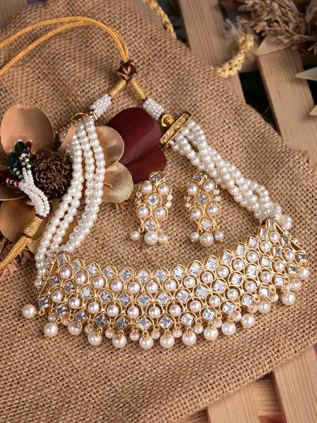 Gold Plated Polki AD Studded Pearl Beaded Intricate Choker Jewellery Set, zaveri pearls, sale price rs, sale price, sale gold plated, sale gold, sale, rubans, ring, regular price, priyassi je