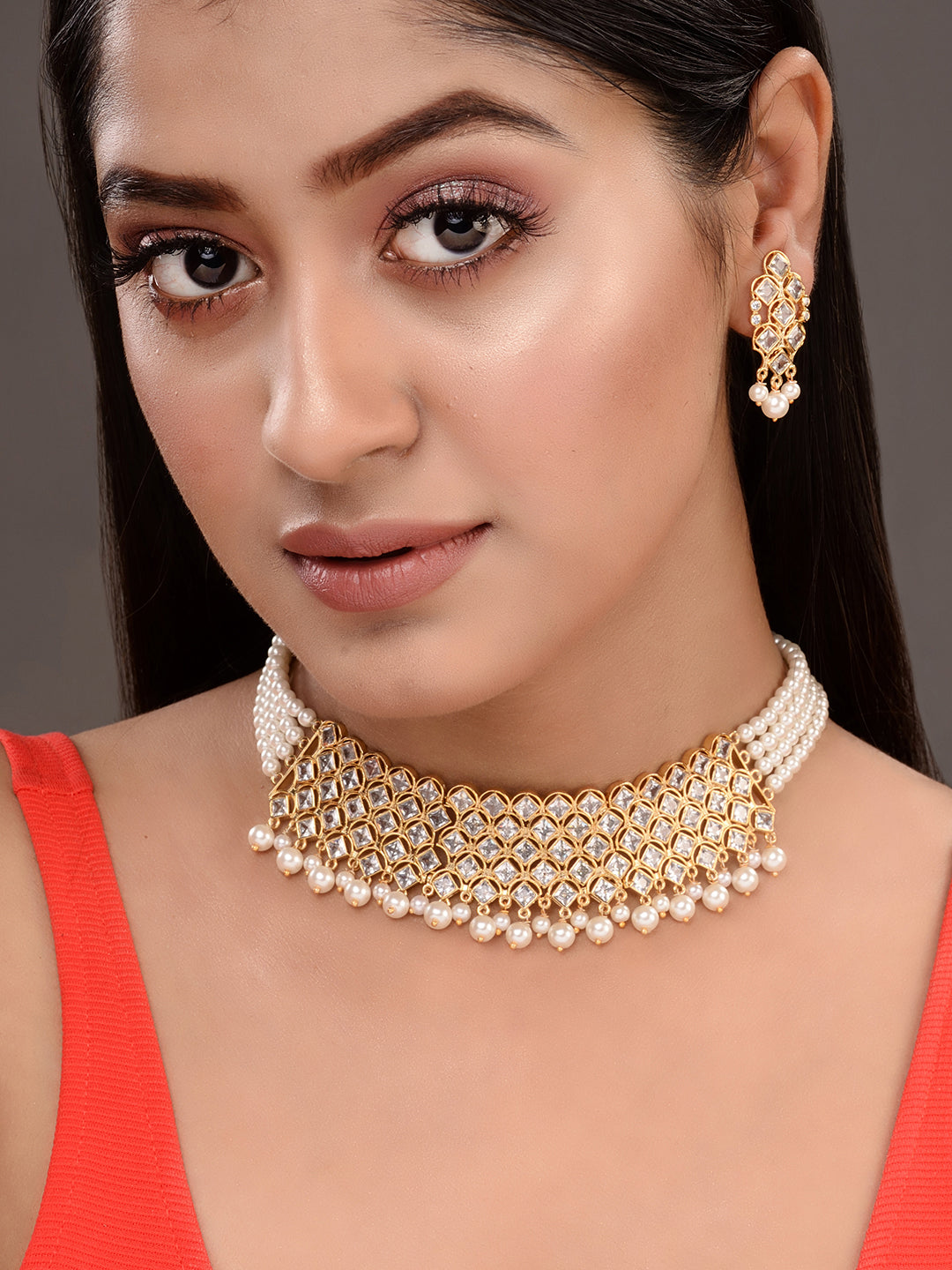 Gold Plated Uncut AD studded Pearl Drops Choker Jewellery Set, zaveri pearls, sale price rs, sale price, sale gold plated, sale gold, sale, rubans, ring, regular price, priyassi jewellery, ku