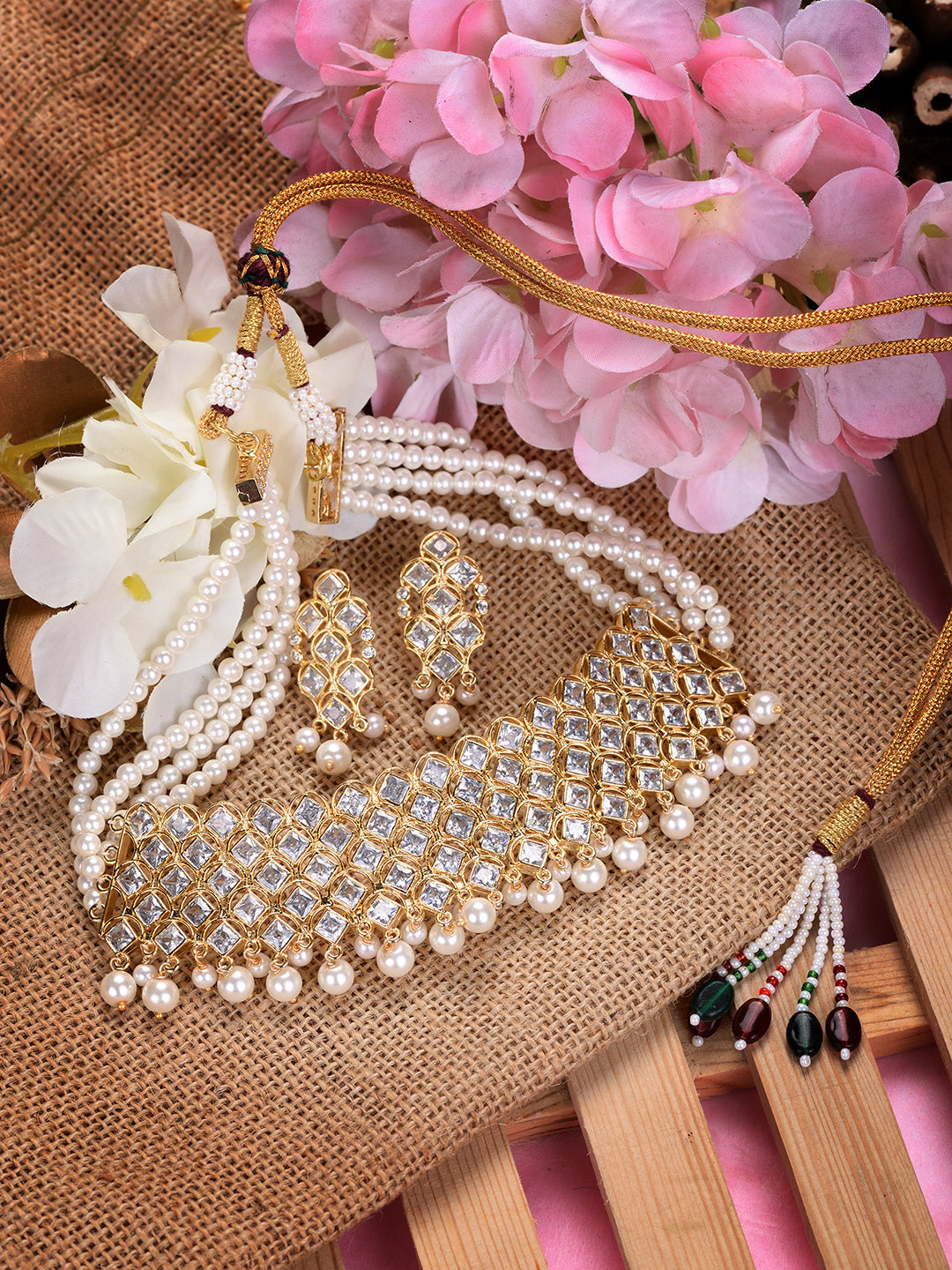 Gold Plated Uncut AD studded Pearl Drops Choker Jewellery Set, zaveri pearls, sale price rs, sale price, sale gold plated, sale gold, sale, rubans, ring, regular price, priyassi jewellery, ku