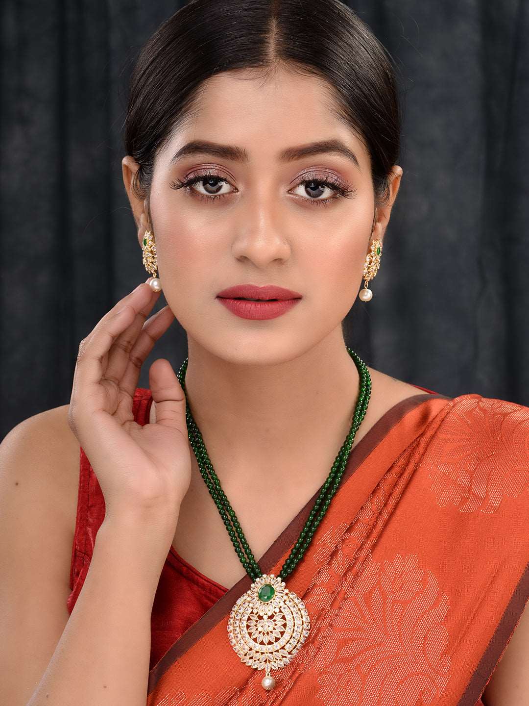 Gold Plated Polki AD studded Green Beads Maala Necklace Set, zaveri pearls, sale price rs, sale price, sale gold plated, sale gold, sale, rubans, ring, regular price, priyassi jewellery, kush