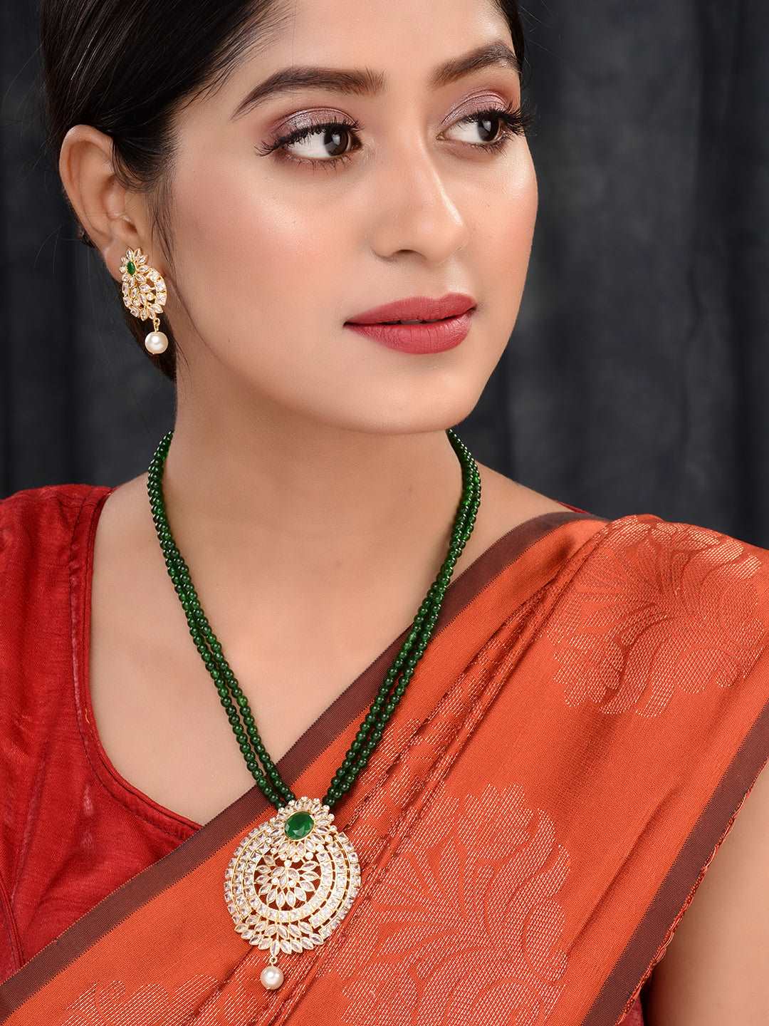 Gold Plated Polki AD studded Green Beads Maala Necklace Set, zaveri pearls, sale price rs, sale price, sale gold plated, sale gold, sale, rubans, ring, regular price, priyassi jewellery, kush
