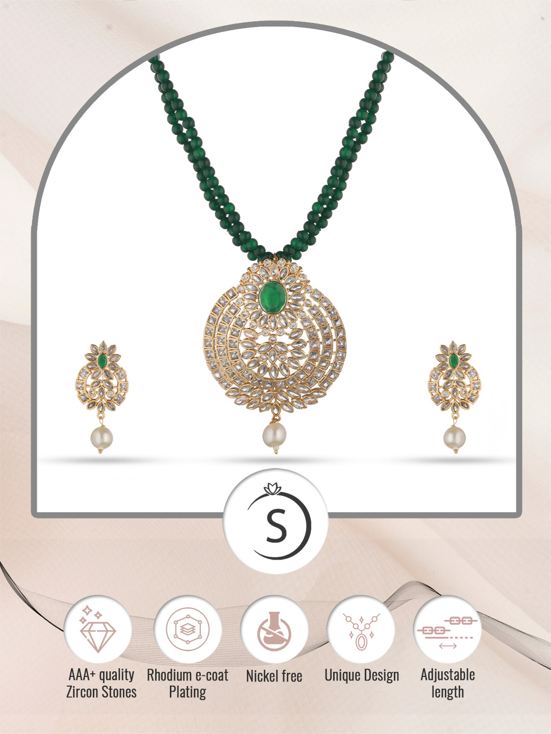 Gold Plated Polki AD studded Green Beads Maala Necklace Set, zaveri pearls, sale price rs, sale price, sale gold plated, sale gold, sale, rubans, ring, regular price, priyassi jewellery, kush