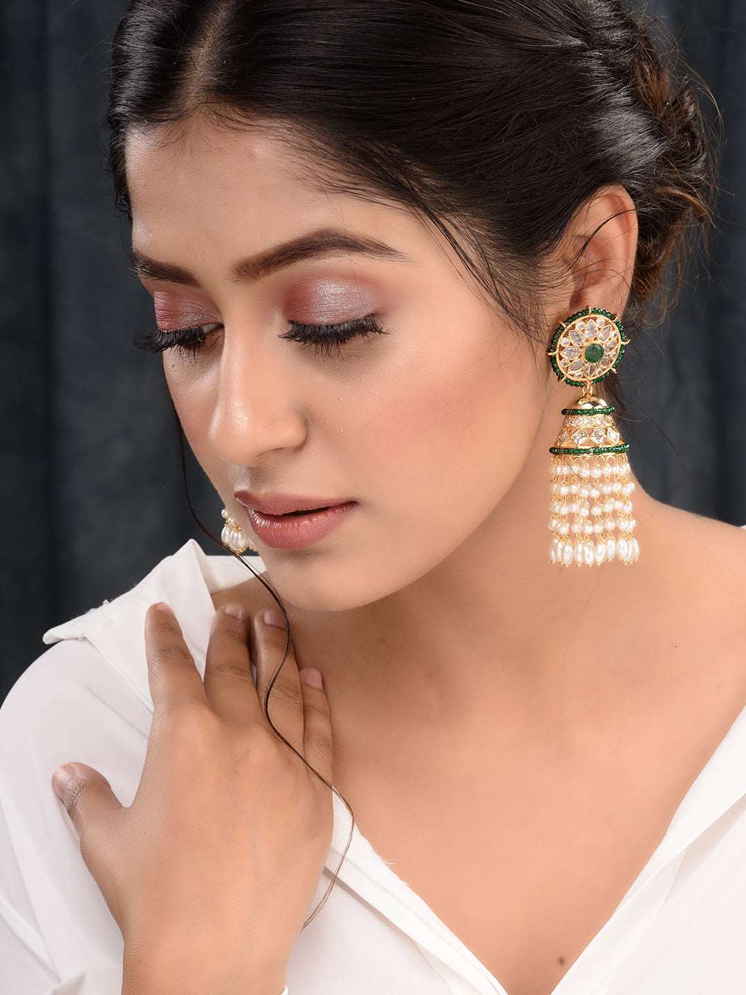 Gold plated Polki Studded Pearl Drops Jhumka Earrings, zaveri pearls, sale price rs, sale price, sale gold plated, sale gold, sale, rubans, ring, regular price, priyassi jewellery, kushal's -