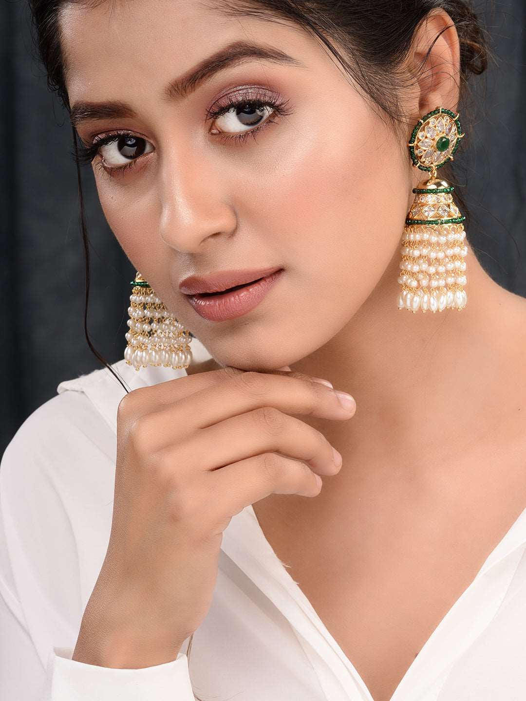 Gold plated Polki Studded Pearl Drops Jhumka Earrings, zaveri pearls, sale price rs, sale price, sale gold plated, sale gold, sale, rubans, ring, regular price, priyassi jewellery, kushal's -