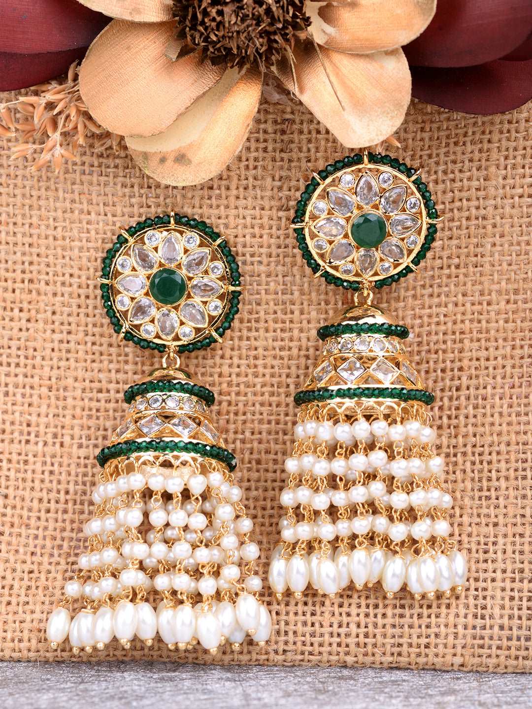 Gold plated Polki Studded Pearl Drops Jhumka Earrings, zaveri pearls, sale price rs, sale price, sale gold plated, sale gold, sale, rubans, ring, regular price, priyassi jewellery, kushal's -