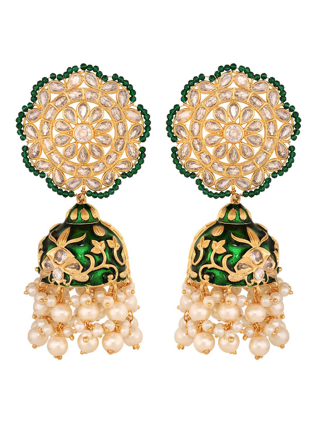 Gold Plated Polki studded Green Meenakari Pearl Drops Earrings, zaveri pearls, sale price rs, sale price, sale gold plated, sale gold, sale, rubans, ring, regular price, priyassi jewellery, k