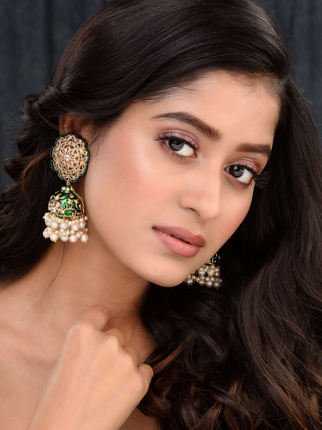 Gold Plated Polki studded Green Meenakari Pearl Drops Earrings, zaveri pearls, sale price rs, sale price, sale gold plated, sale gold, sale, rubans, ring, regular price, priyassi jewellery, k