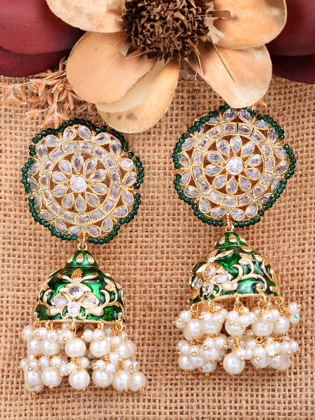 Gold Plated Polki studded Green Meenakari Pearl Drops Earrings, zaveri pearls, sale price rs, sale price, sale gold plated, sale gold, sale, rubans, ring, regular price, priyassi jewellery, k