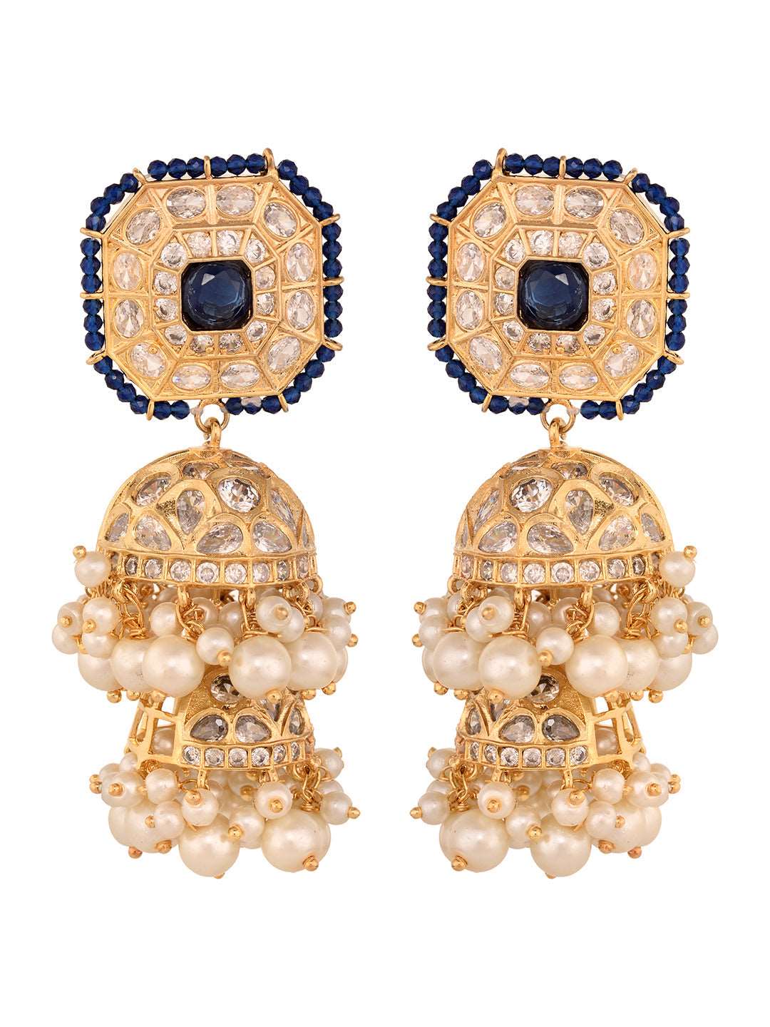 Gold Plated Polki Studded Blue Beads Chandelier Jhumka Earrings, zaveri pearls, sale price rs, sale price, sale gold plated, sale gold, sale, rubans, ring, regular price, priyassi jewellery, 