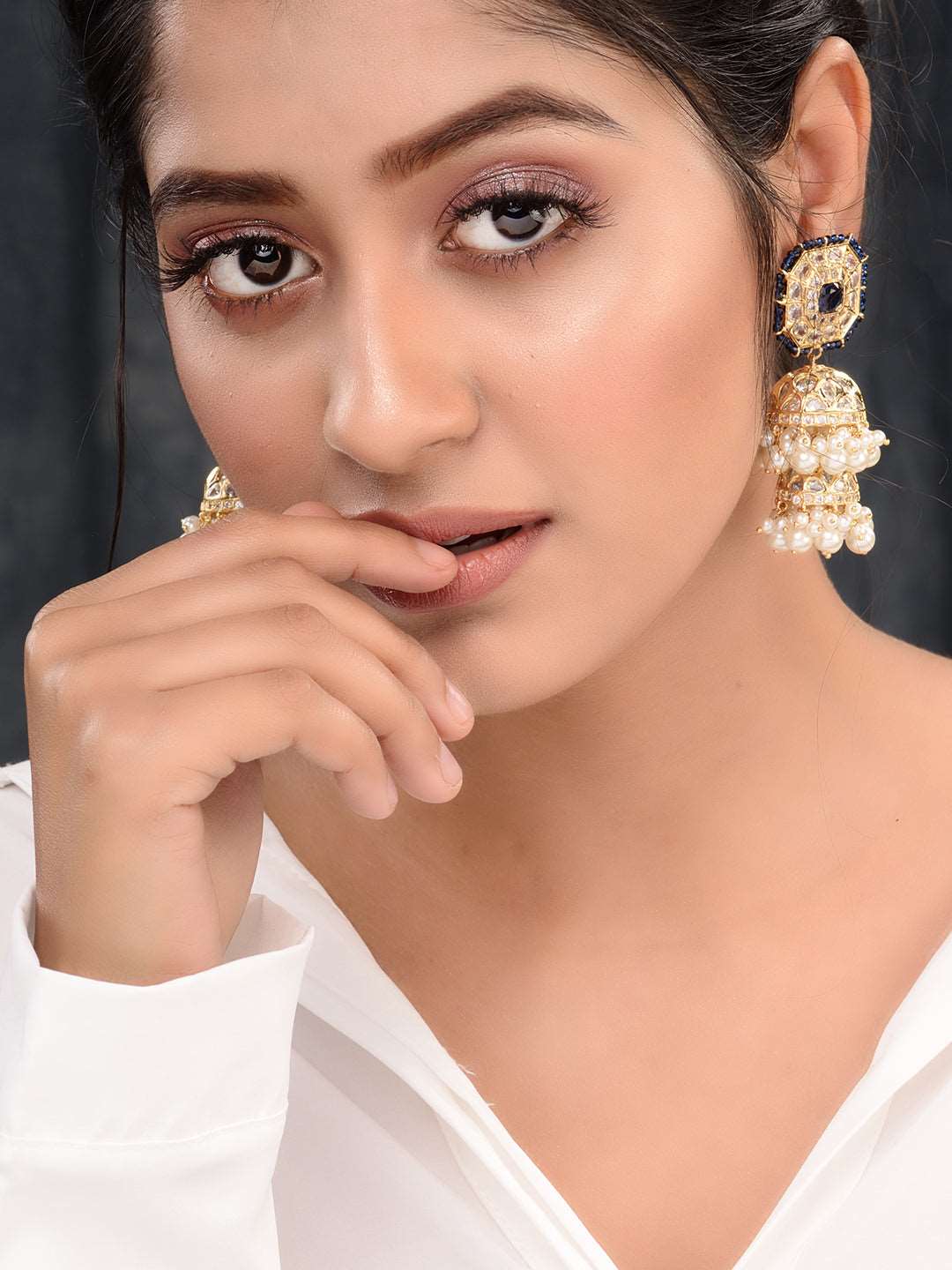 Gold Plated Polki Studded Blue Beads Chandelier Jhumka Earrings, zaveri pearls, sale price rs, sale price, sale gold plated, sale gold, sale, rubans, ring, regular price, priyassi jewellery, 