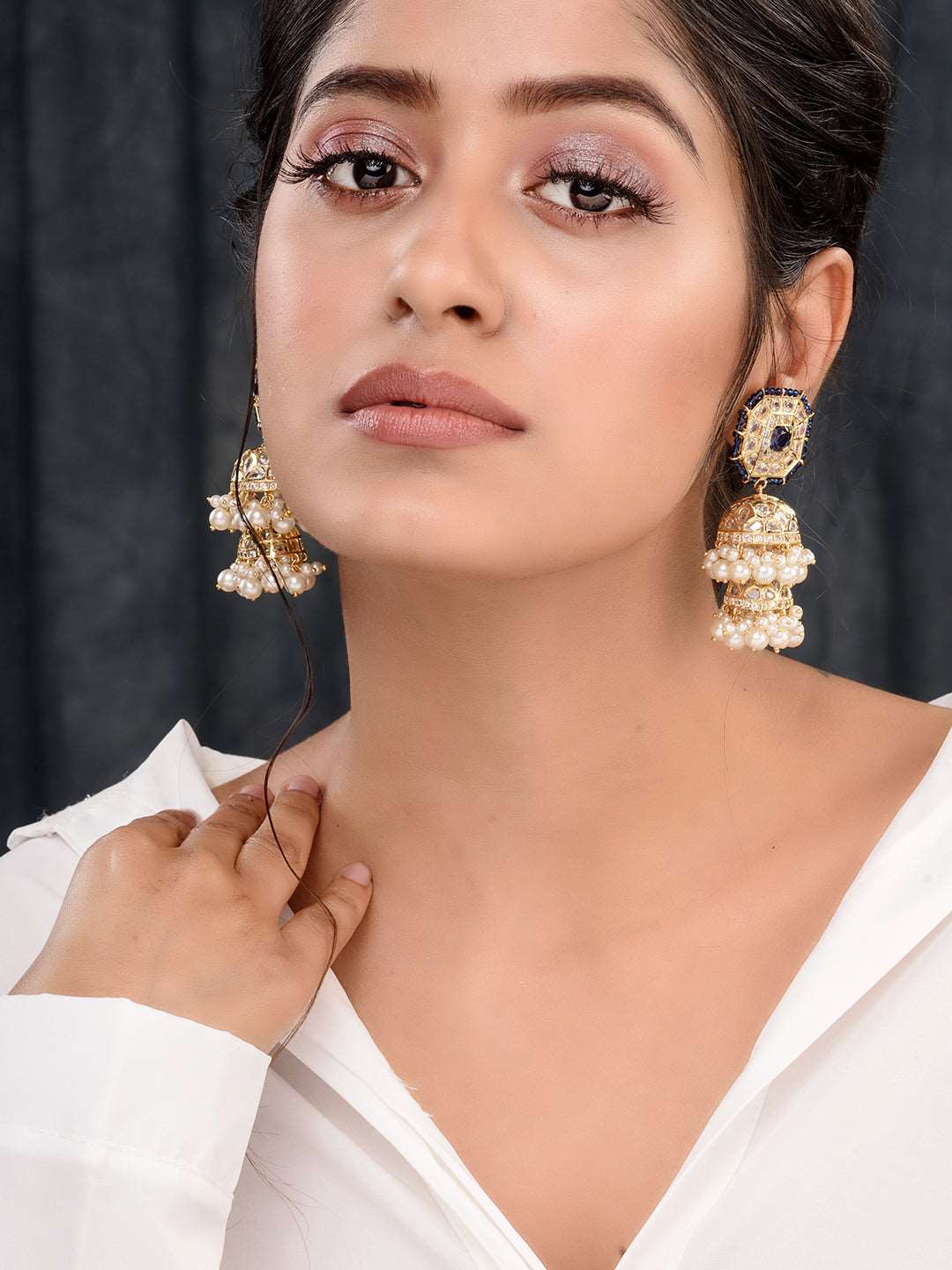 Gold Plated Polki Studded Blue Beads Chandelier Jhumka Earrings, zaveri pearls, sale price rs, sale price, sale gold plated, sale gold, sale, rubans, ring, regular price, priyassi jewellery, 